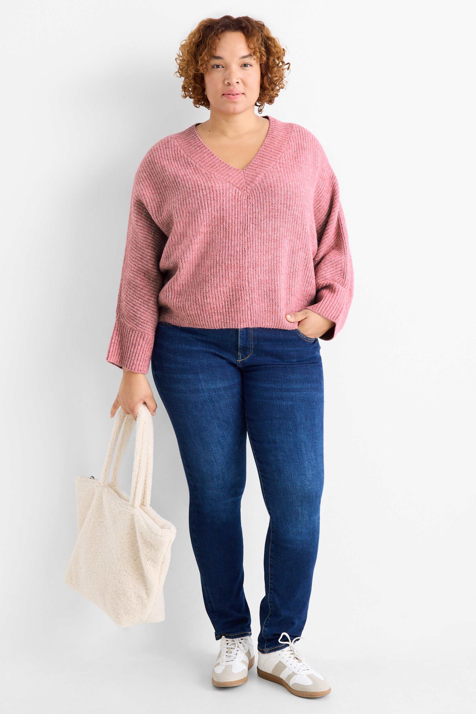 V-neck jumper - ribbed rose