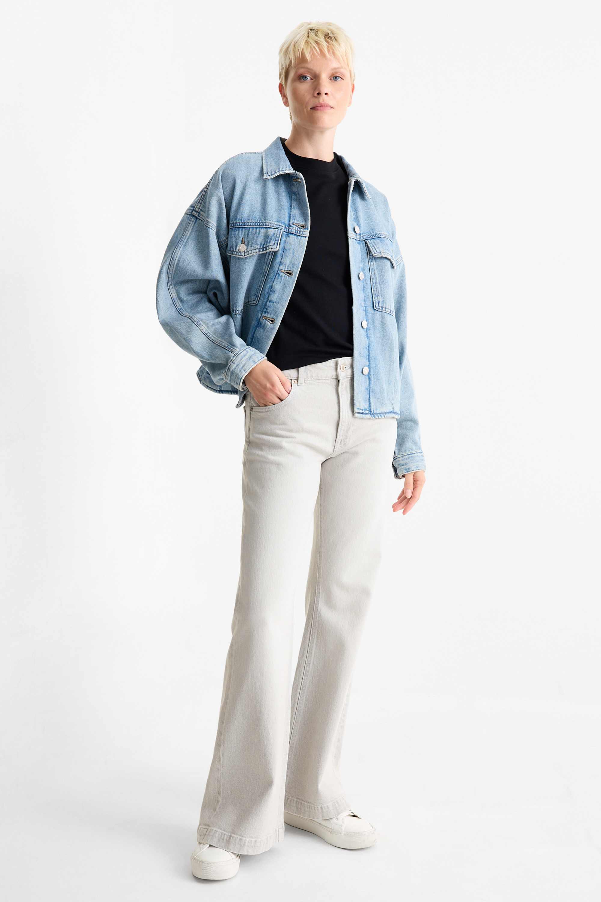Loose flared jeans - mid-rise waist denim-light gray