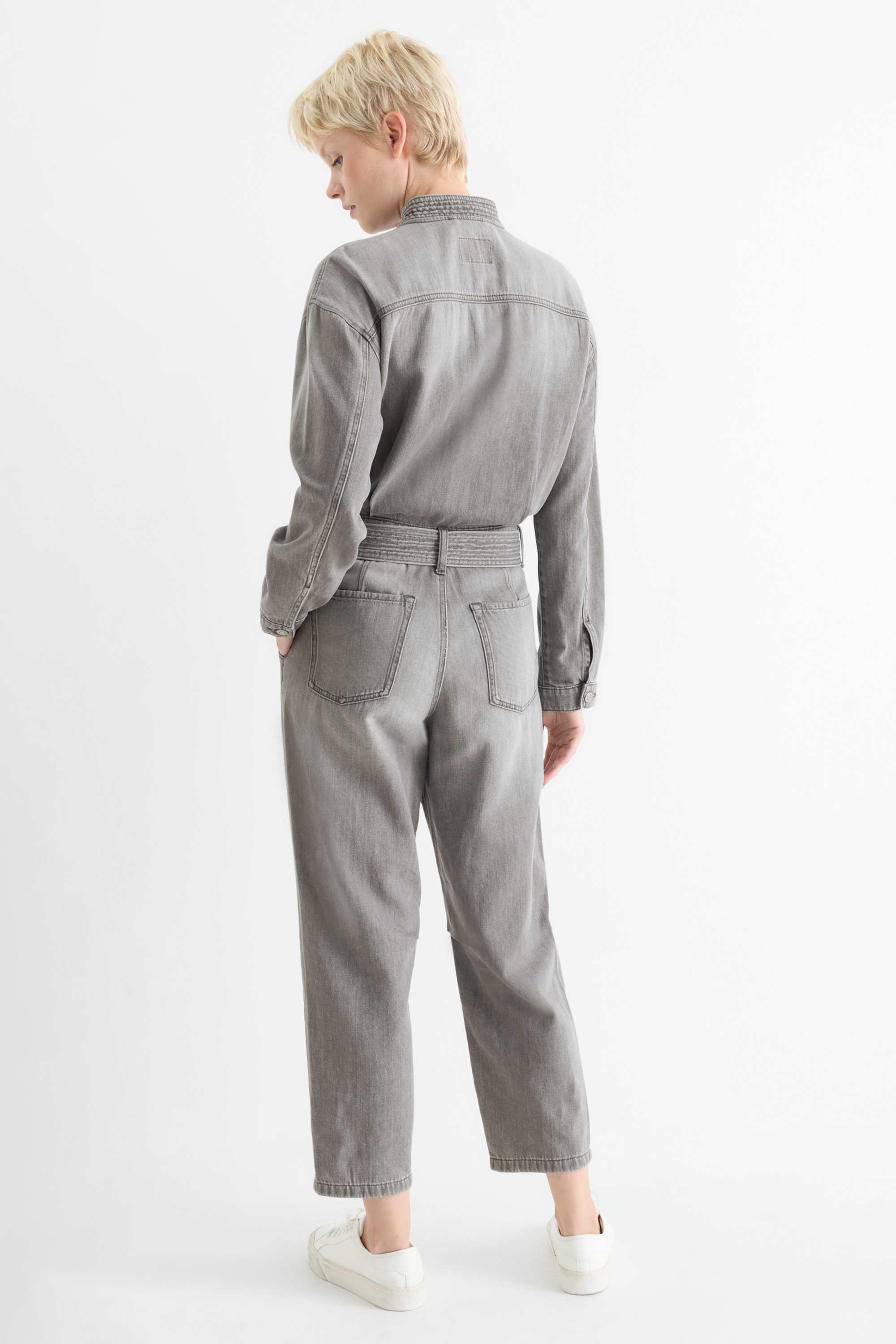 Denim jumpsuit with belt denim-light gray