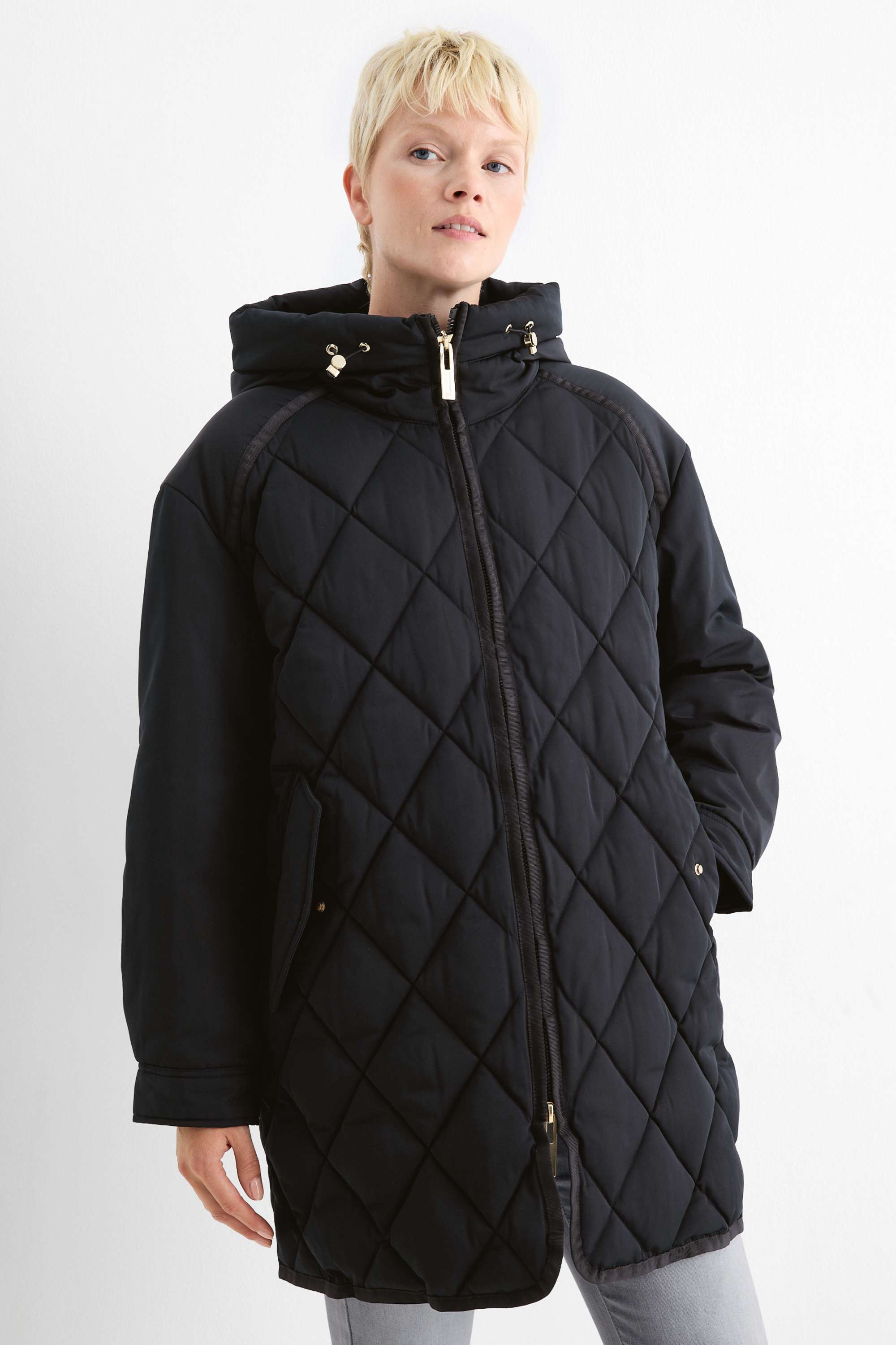 Quilted coat with hood - water-repellent black