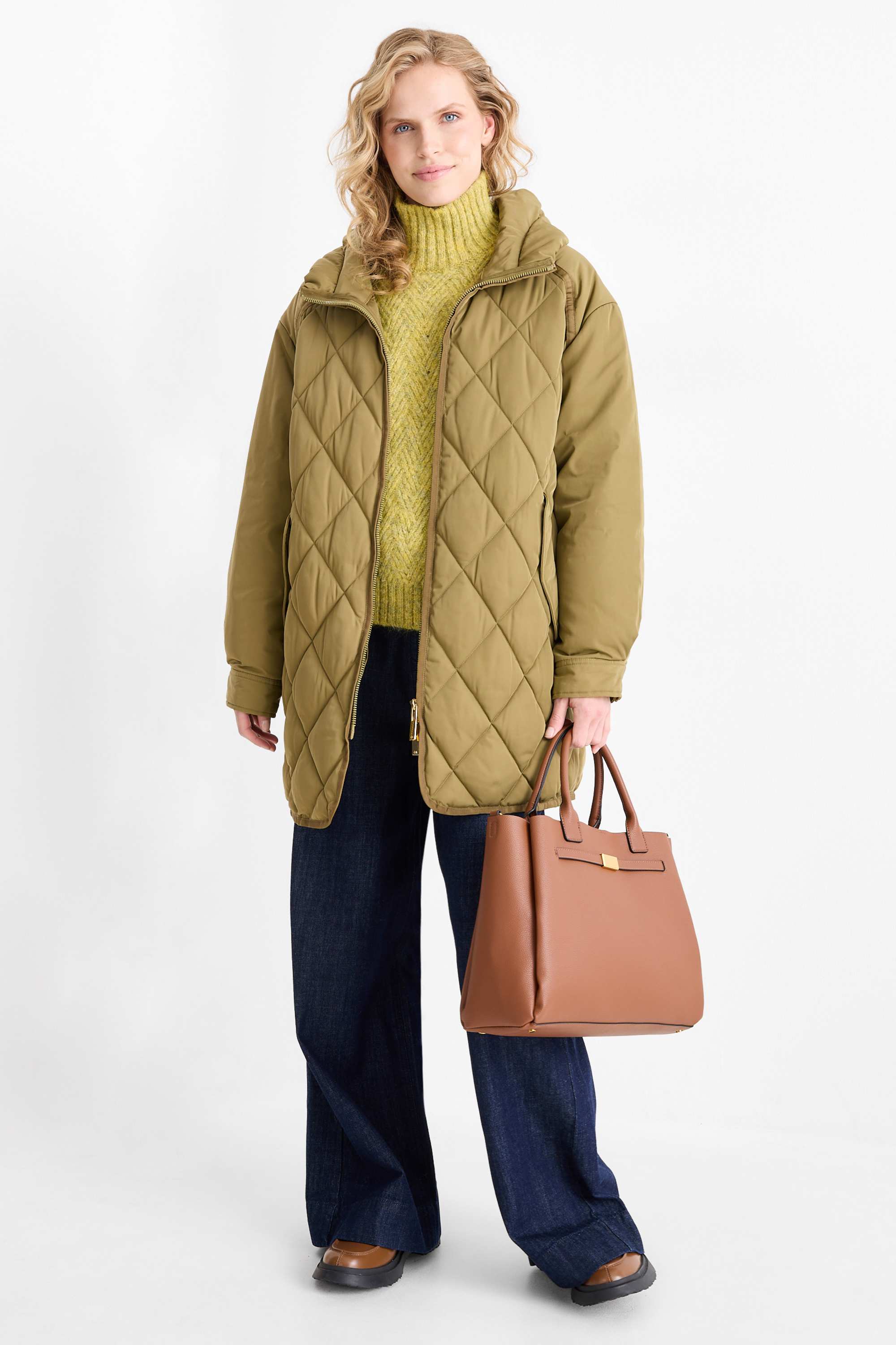 Quilted coat with hood - water-repellent green