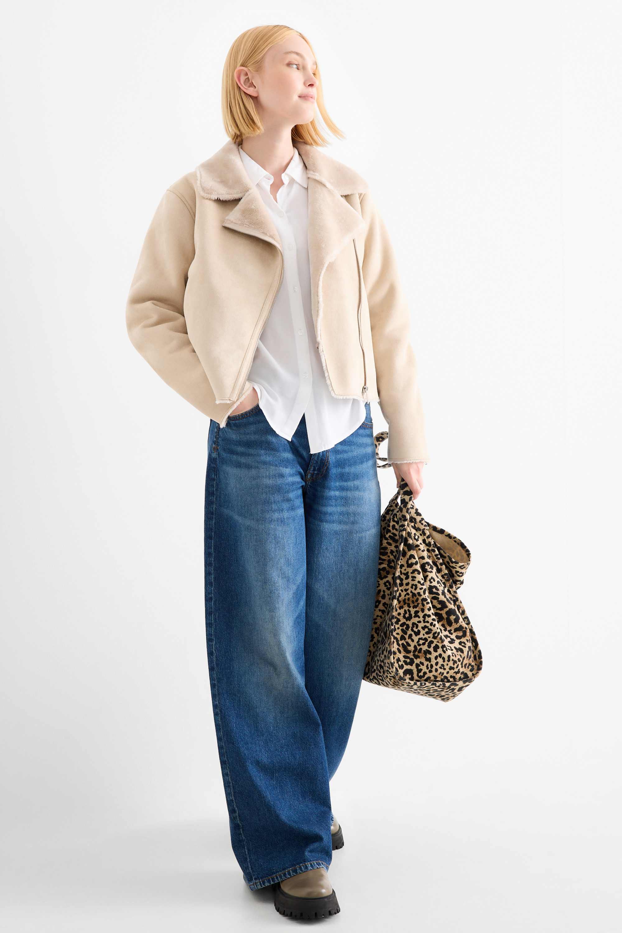 Faux shearling jacket - faux suede light beige
