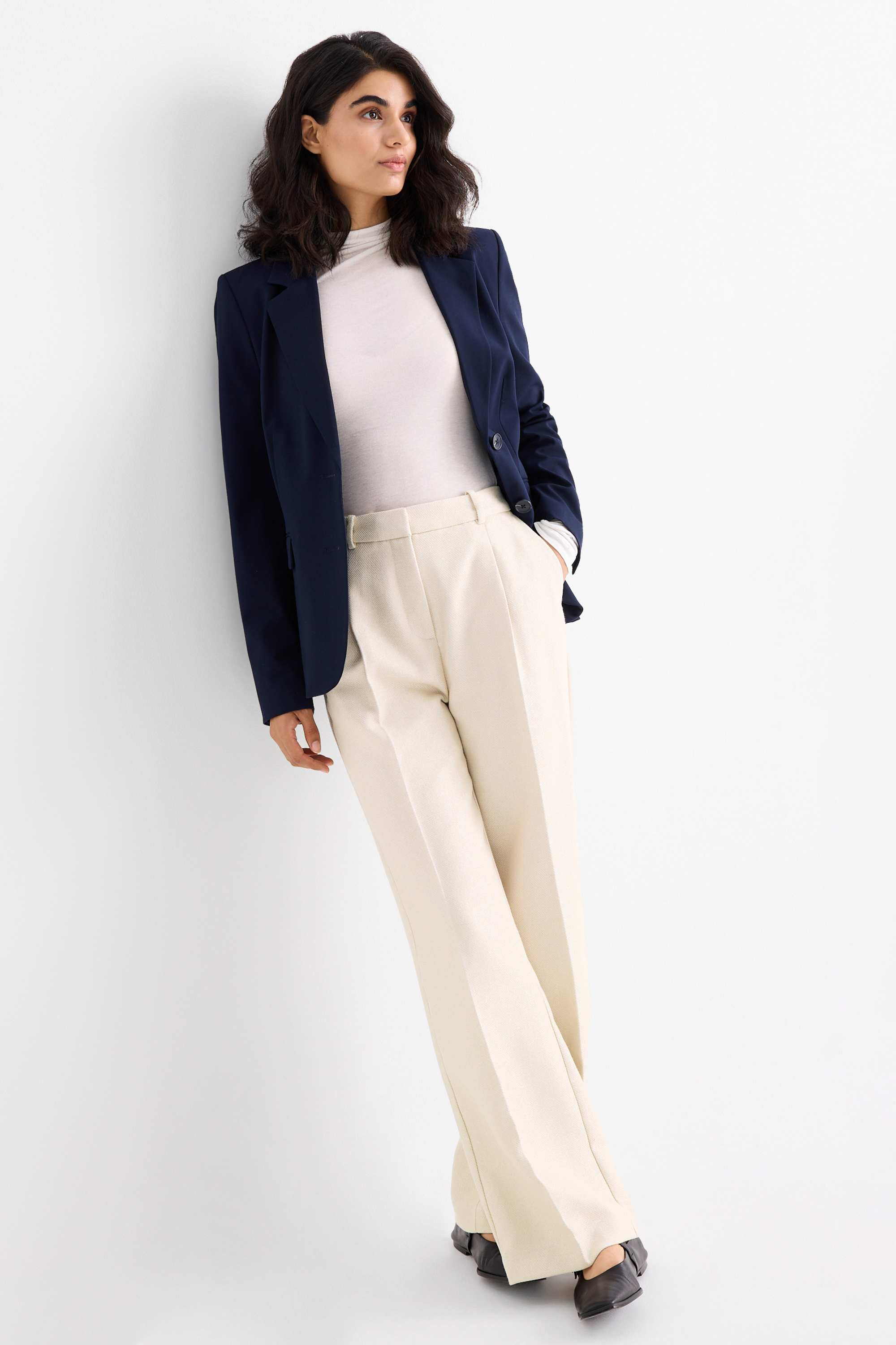Business trousers - high waist - relaxed fit - textured light beige