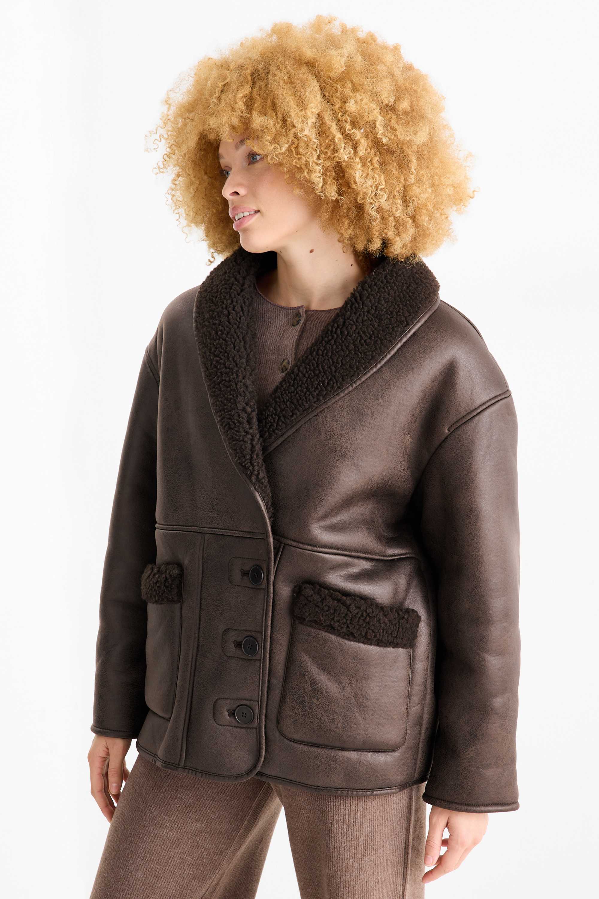 Faux shearling jacket - faux leather dark brown