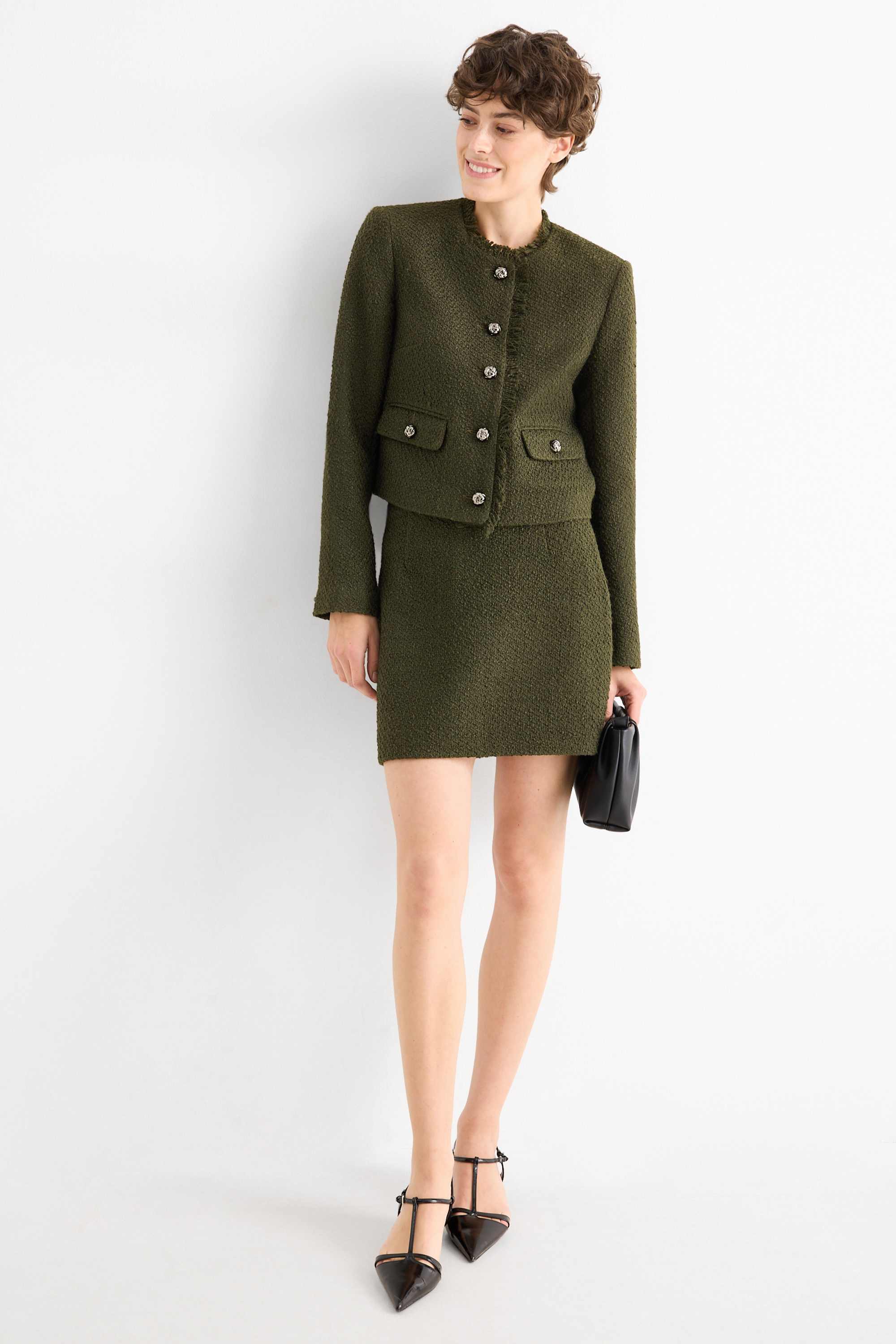 Cropped bouclé blazer - regular fit dark green