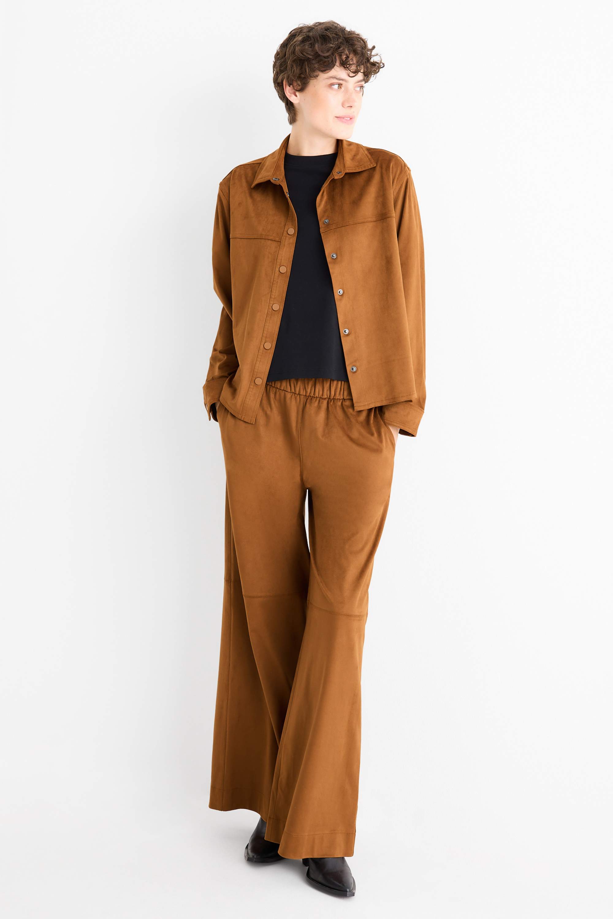 Trousers - mid-rise waist - straight fit - faux suede brown