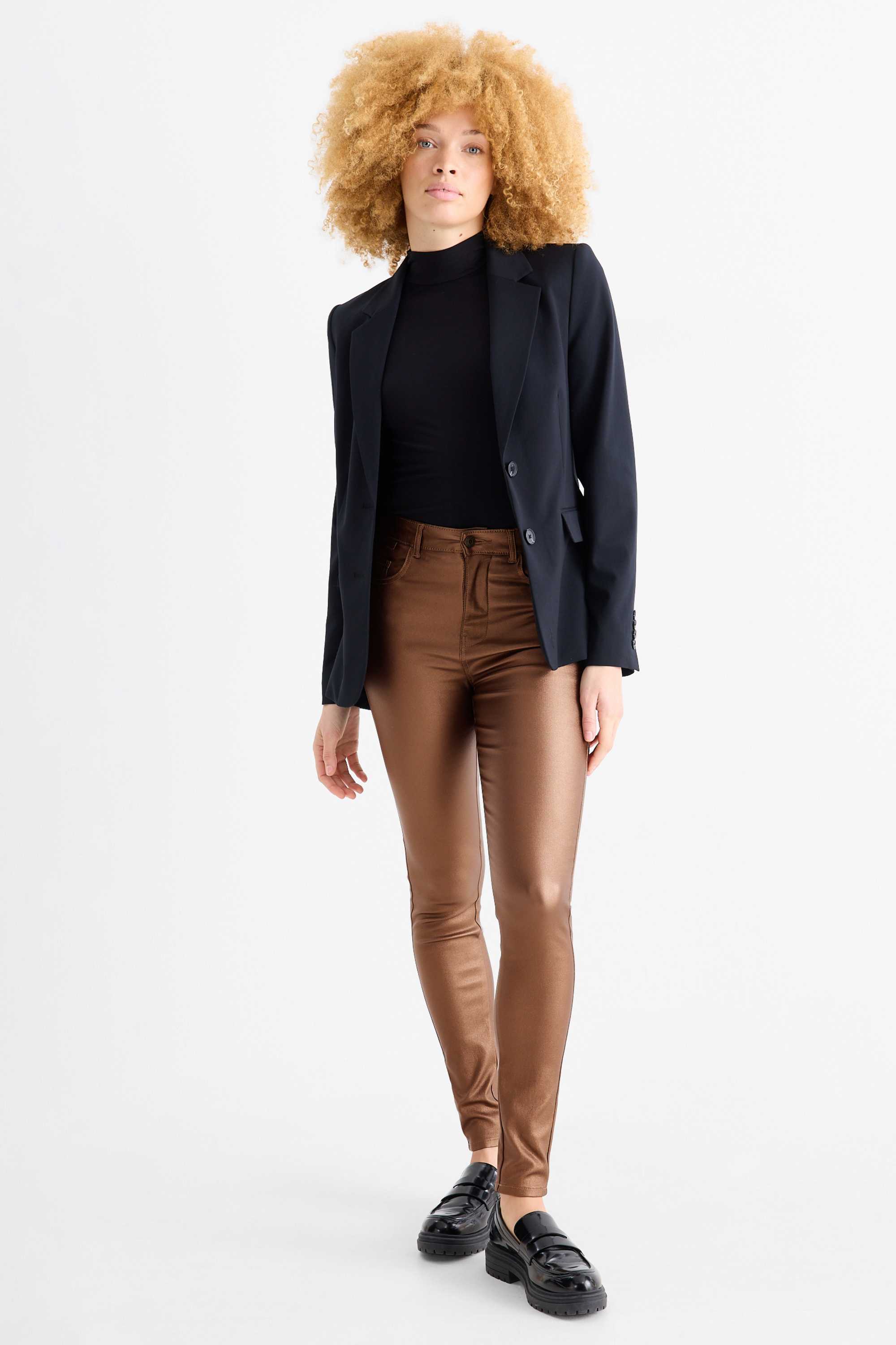 Cloth trousers - high waist - skinny fit - faux leather brown