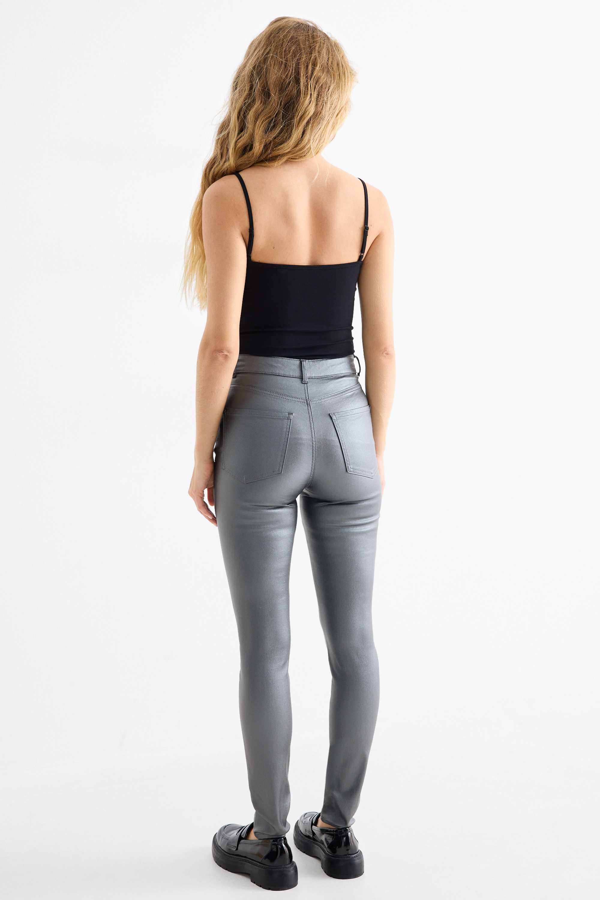 Cloth trousers - high waist - skinny fit - faux leather silver