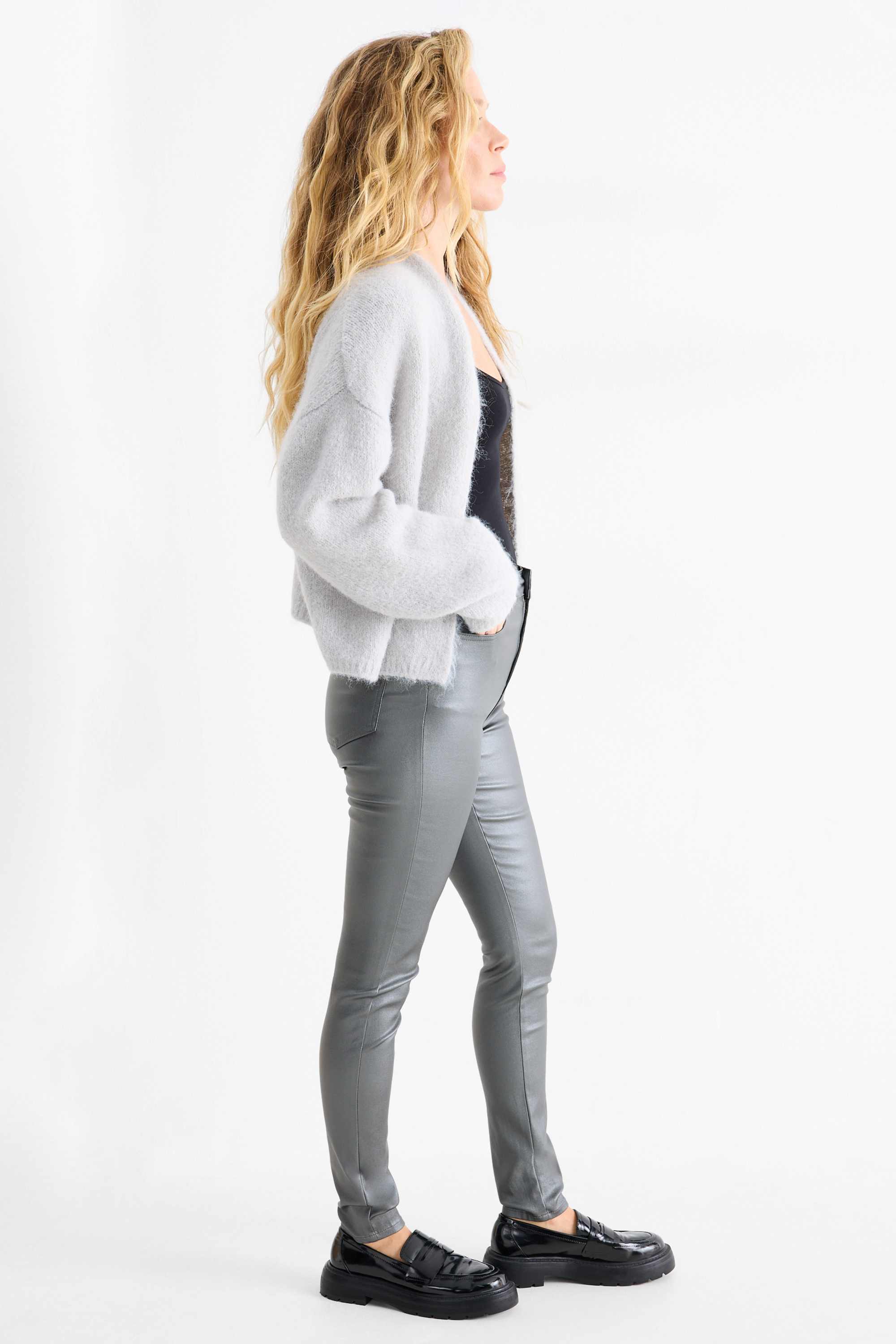 Cloth trousers - high waist - skinny fit - faux leather silver