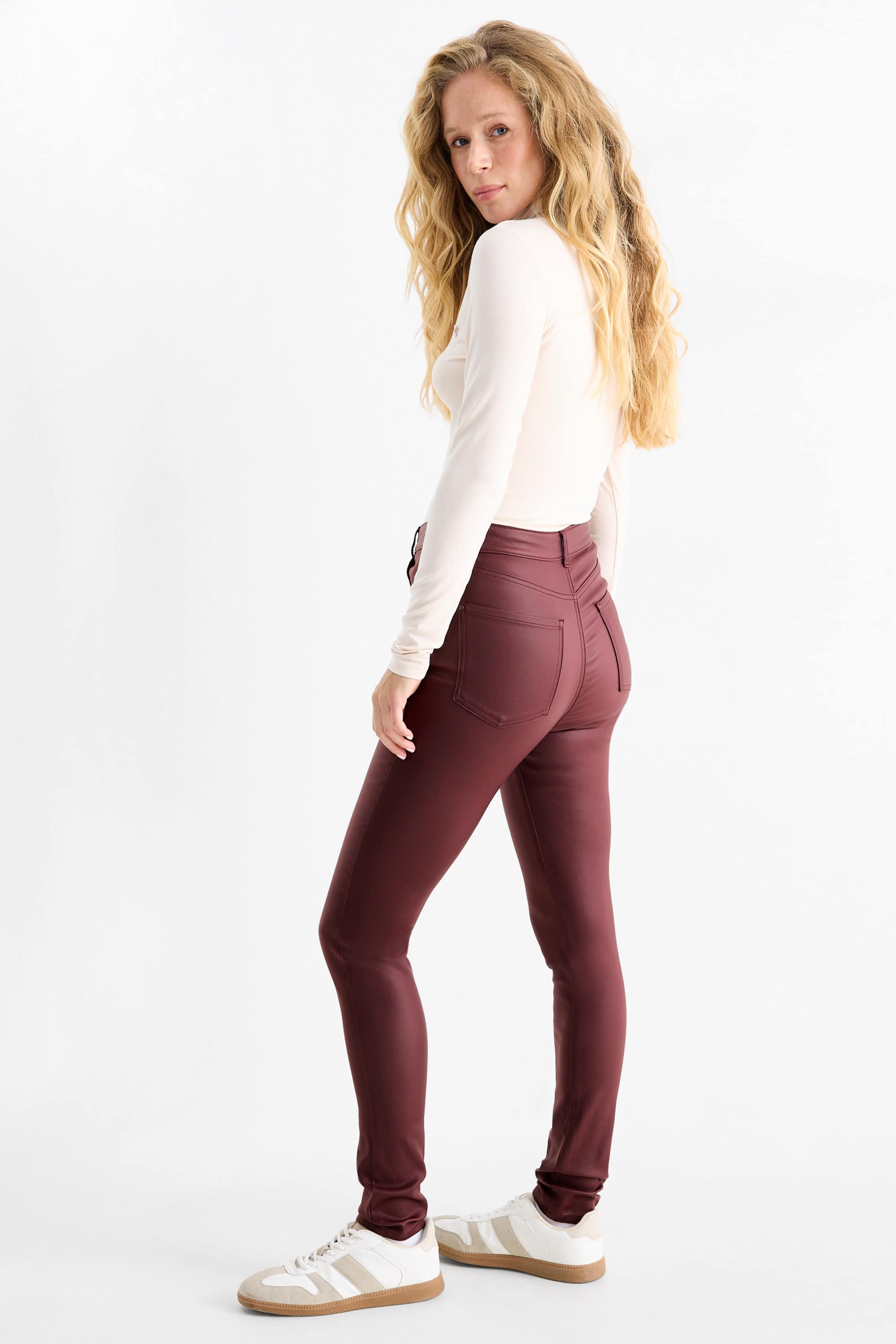 Cloth trousers - high waist - skinny fit - faux leather bordeaux