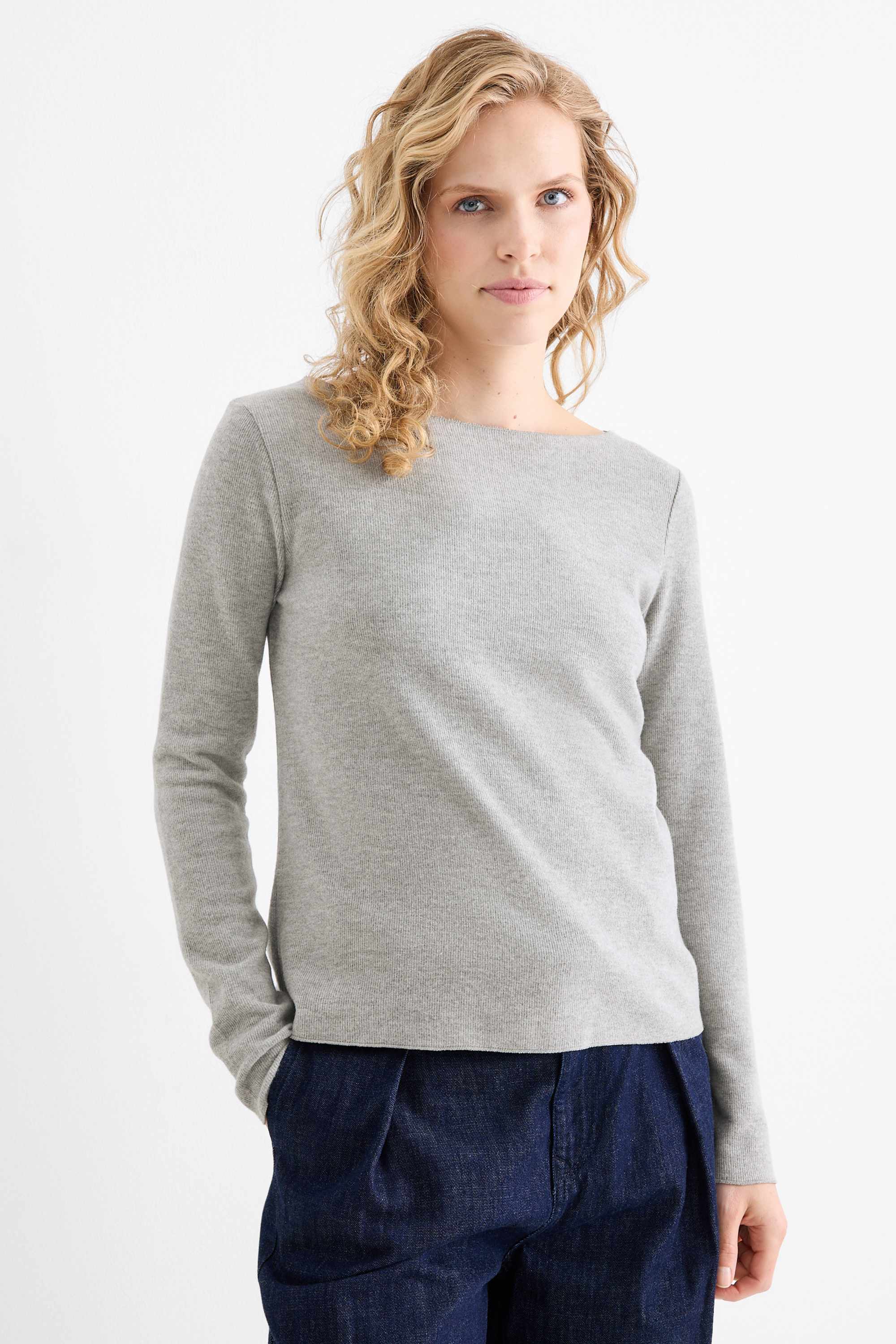 Long sleeve top - regular fit - ribbed light gray