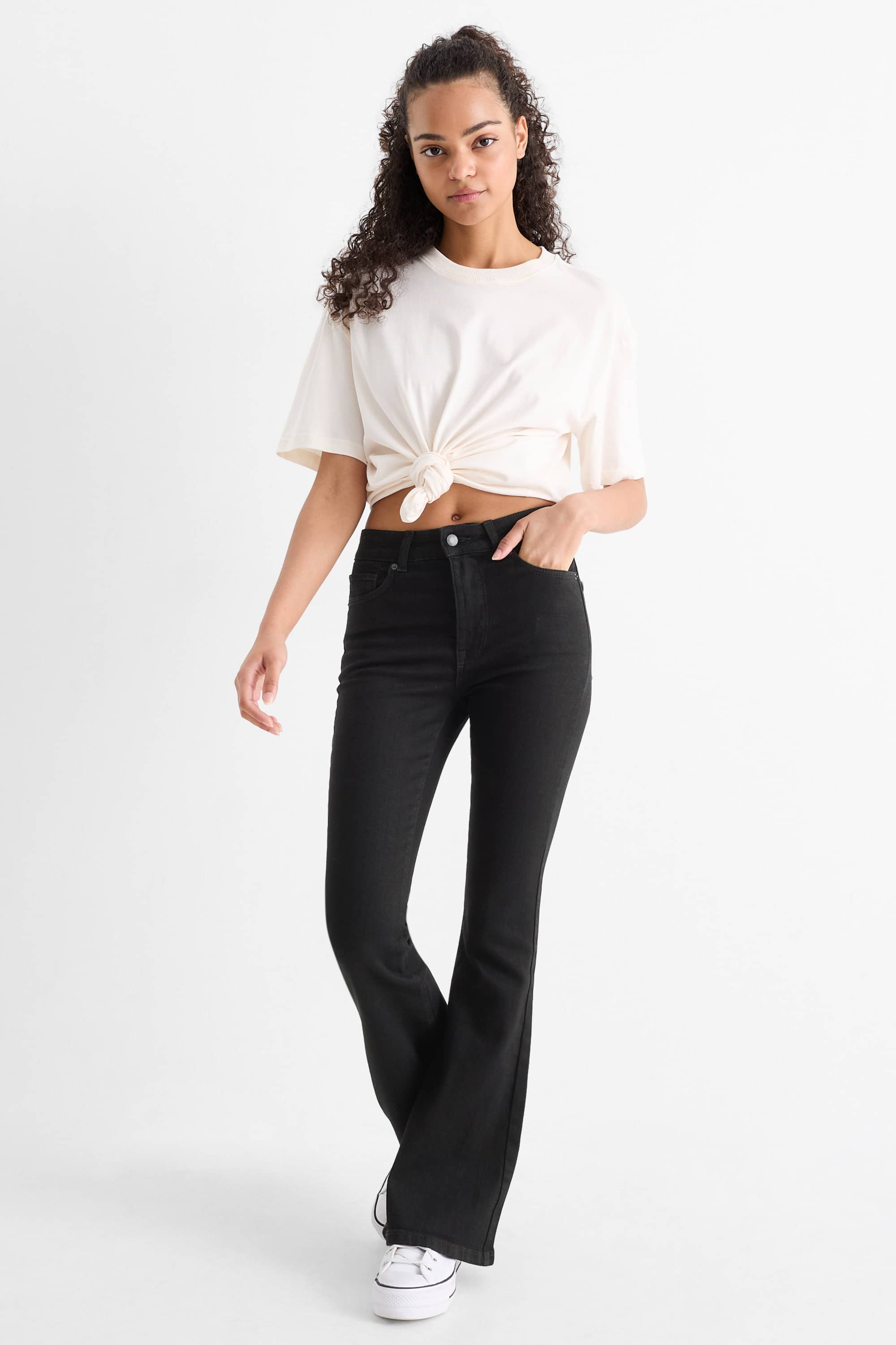 Flared jeans - mid-rise waist denim-dark gray