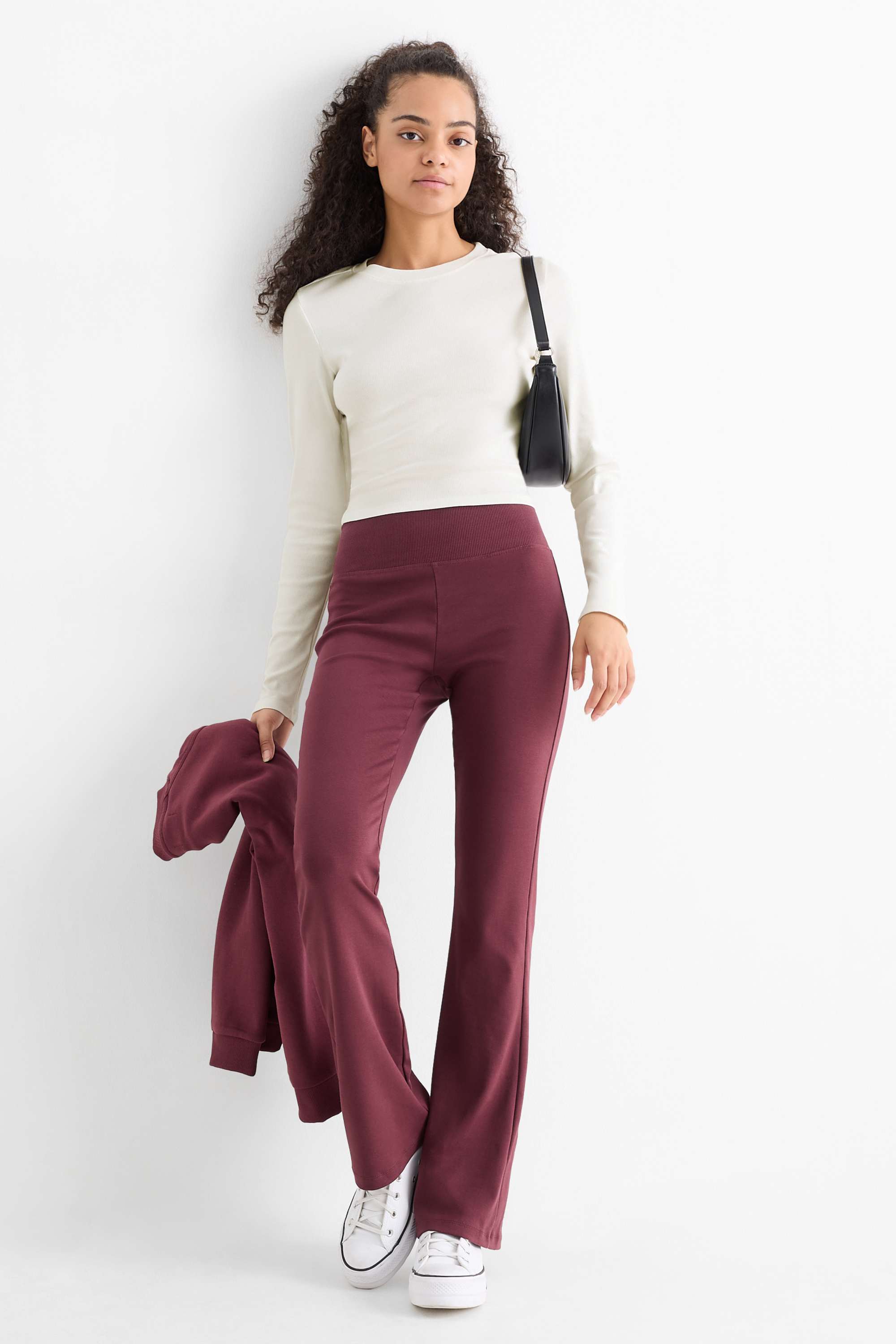 Cropped long sleeve top - ribbed white