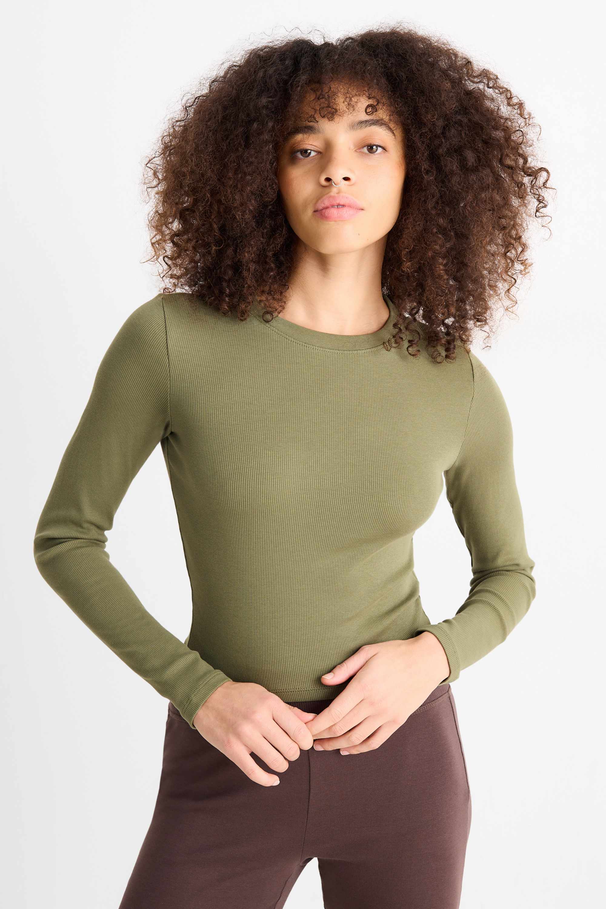 Cropped long sleeve top - ribbed green
