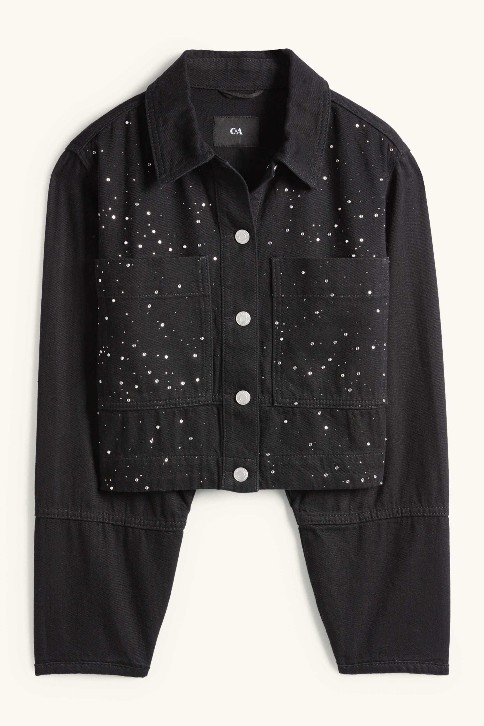 Cropped denim jacket with rhinestones black