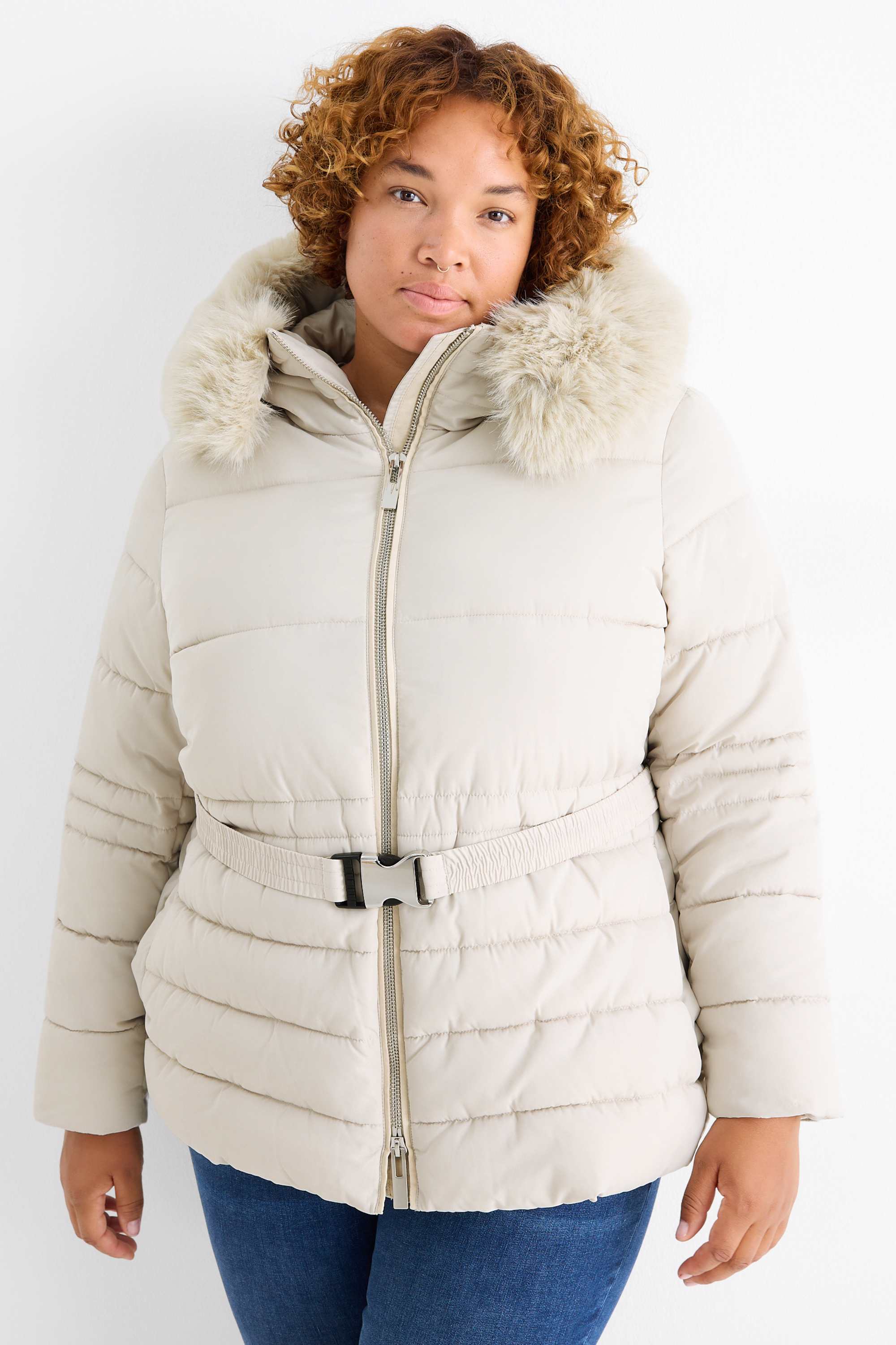 Quilted jacket with belt, hood and faux fur trim light beige