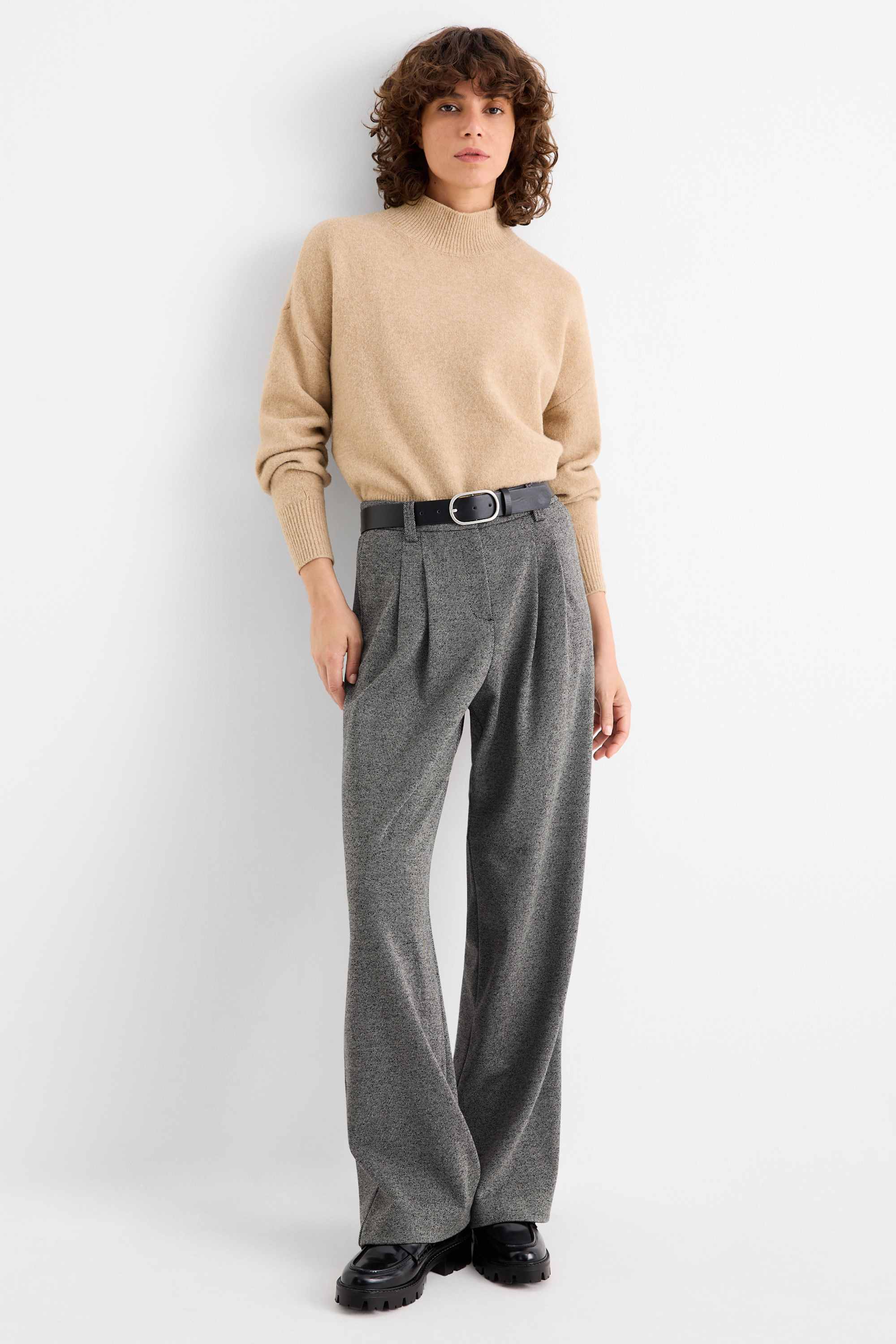 Jersey trousers - high waist - wide leg - textured dark gray / white