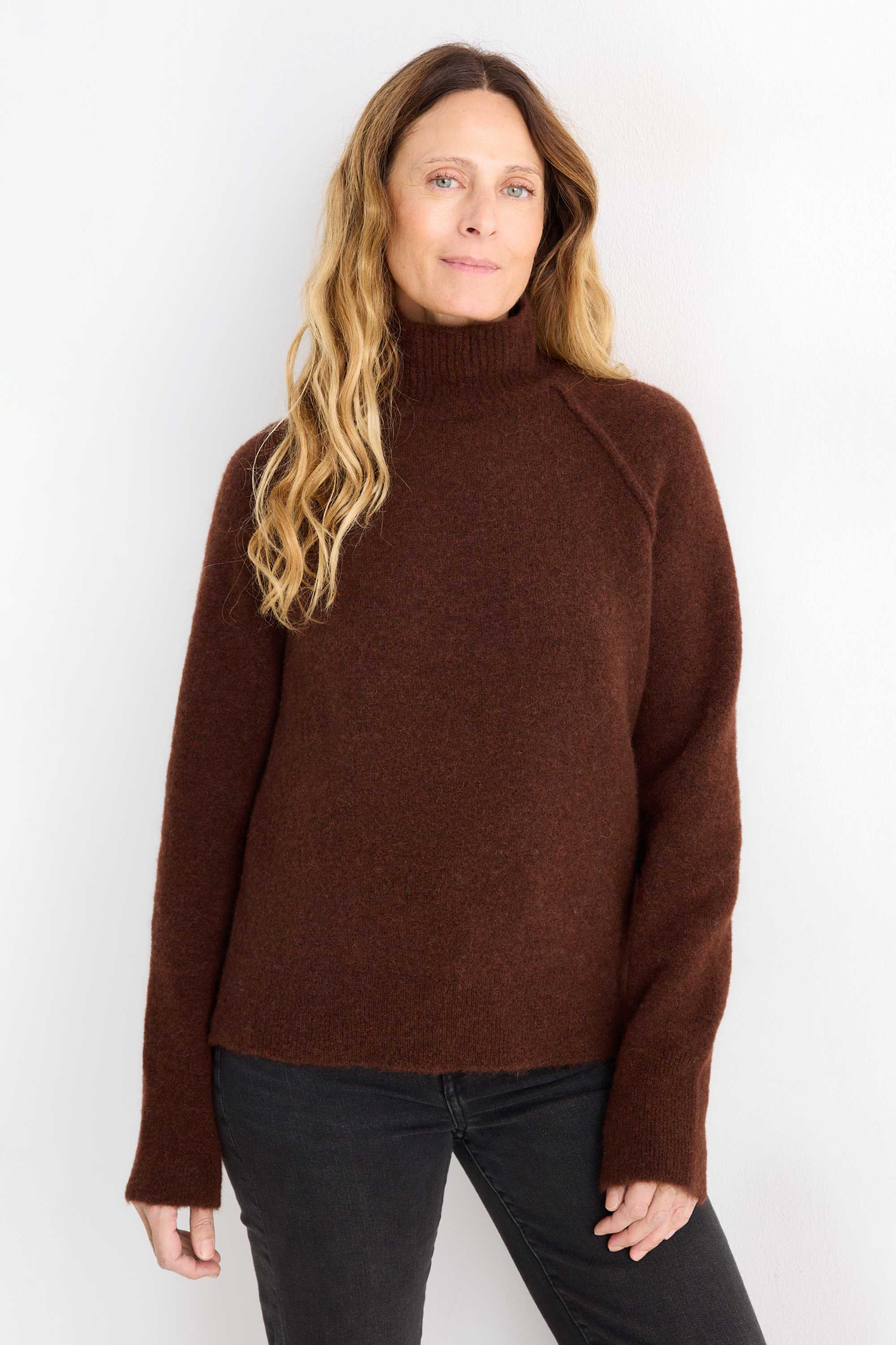 Jumper with stand-up collar - alpaca blend dark brown
