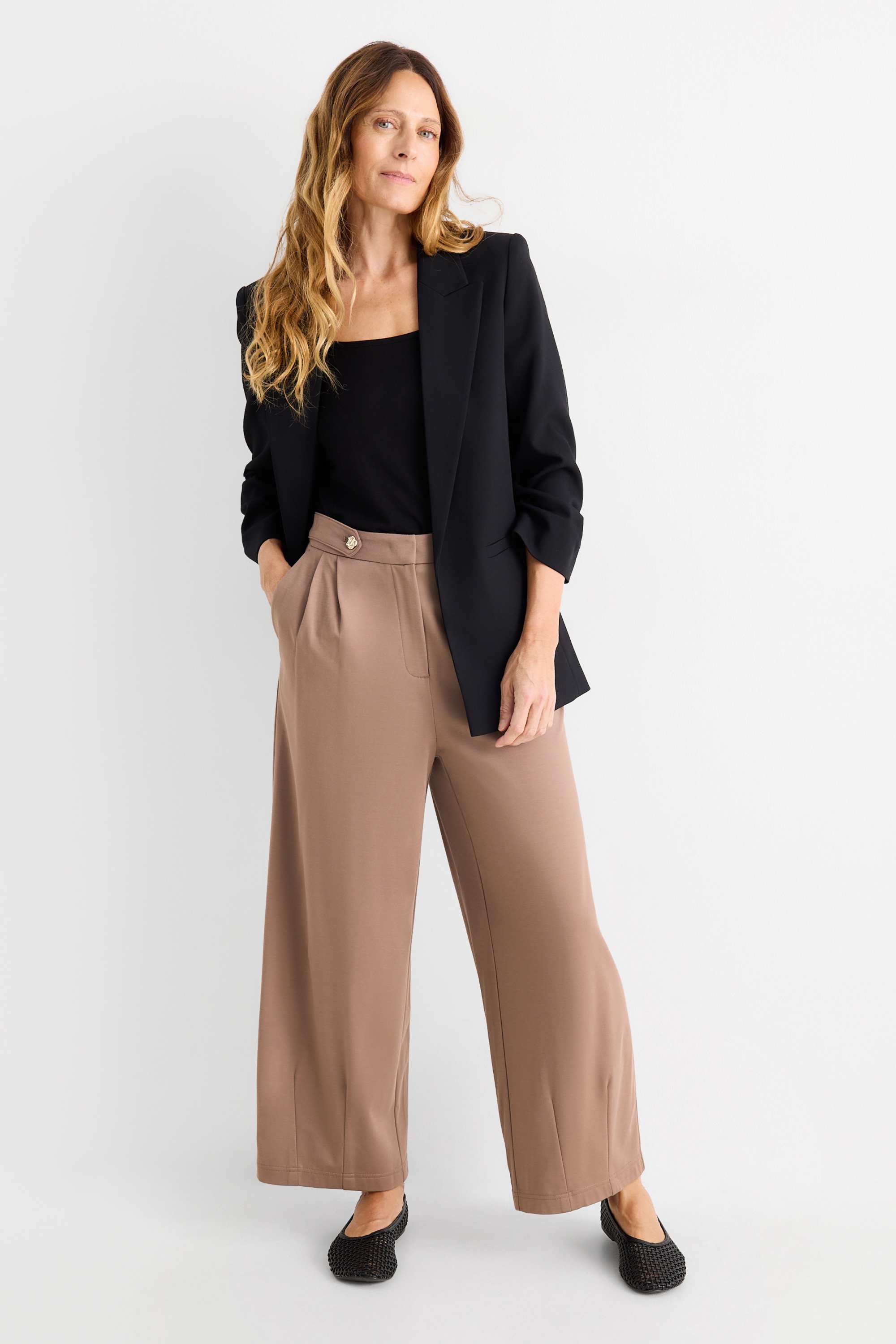 Jersey trousers - high waist - barrel leg light brown