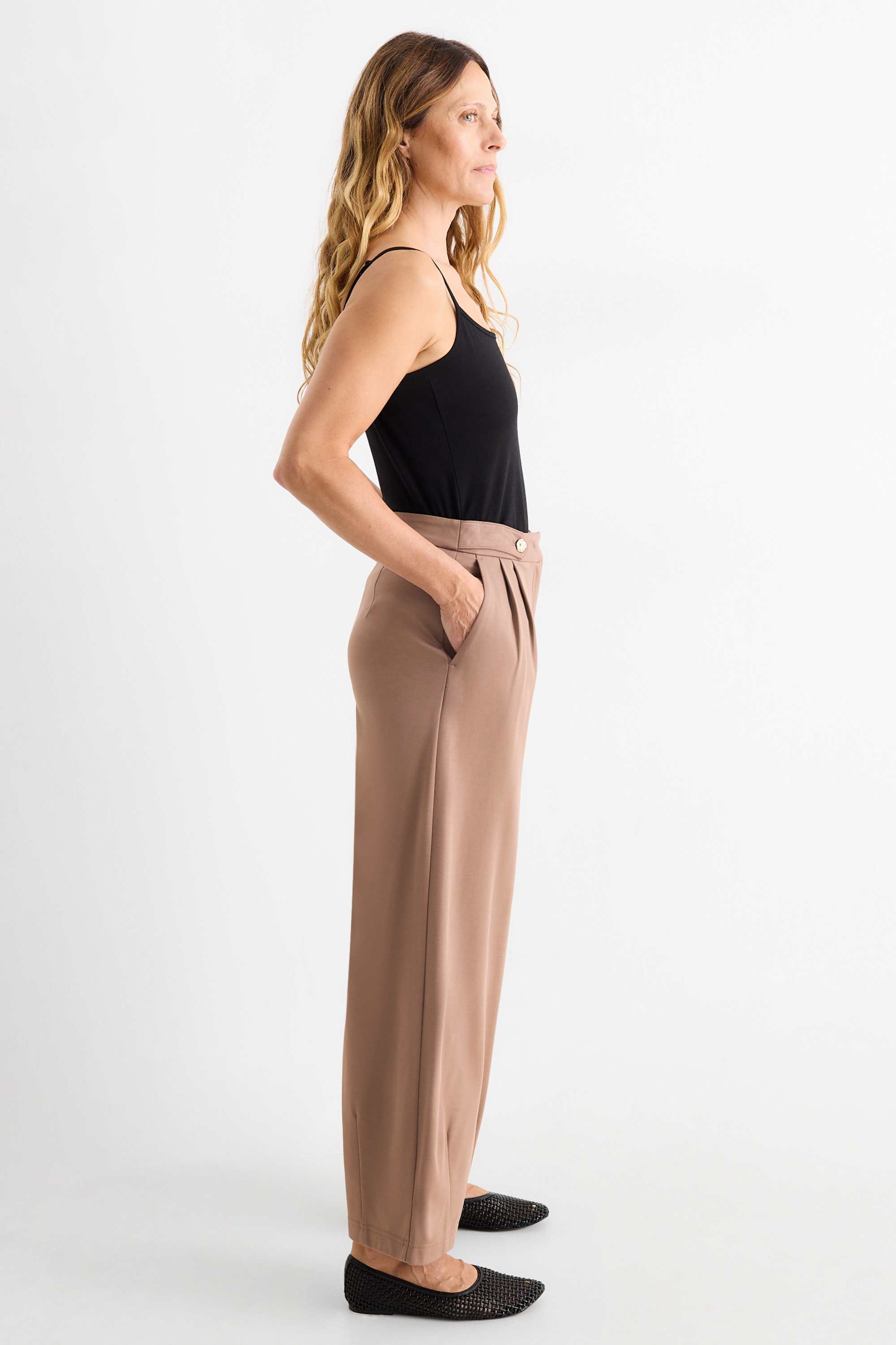 Jersey trousers - high waist - barrel leg light brown