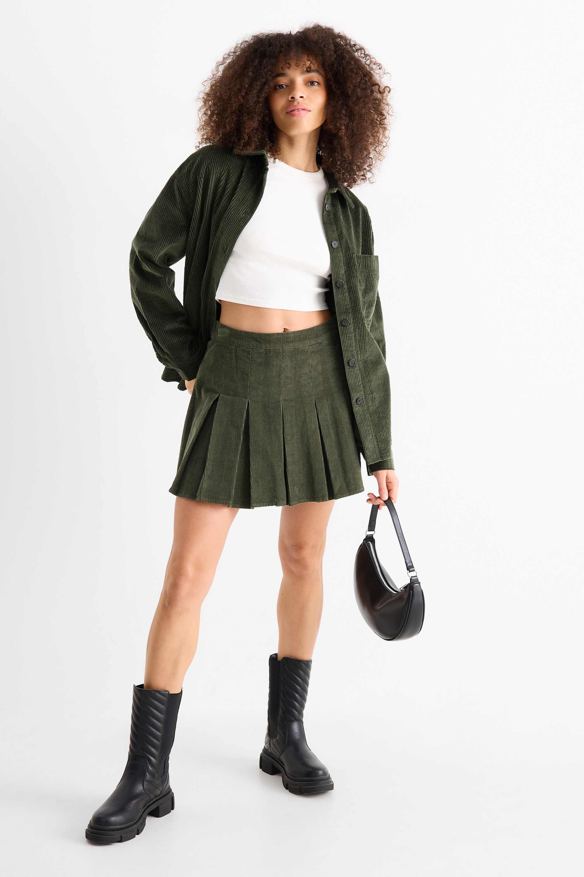 Corduroy pleated skirt dark green