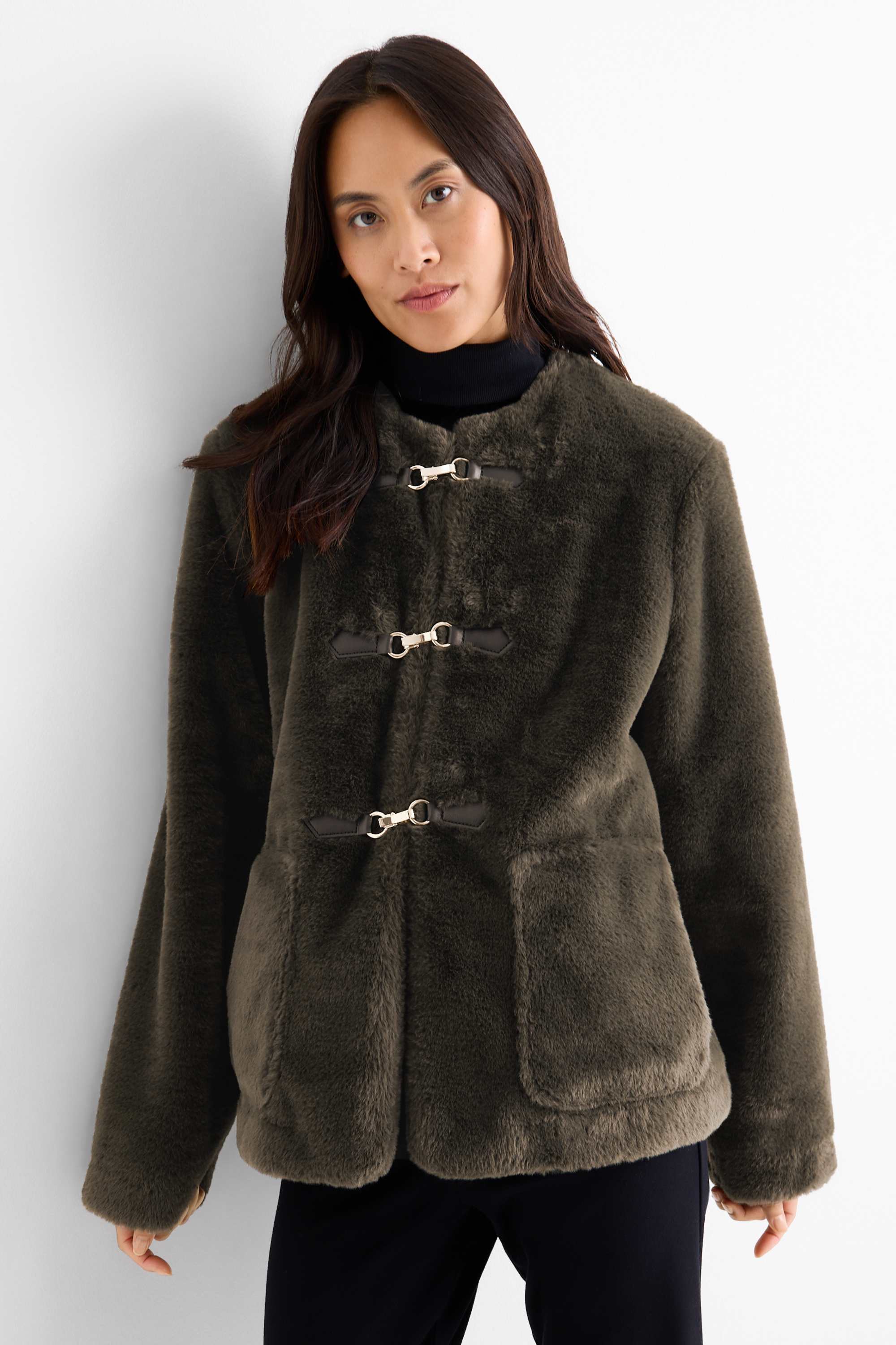 Faux fur jacket dark green
