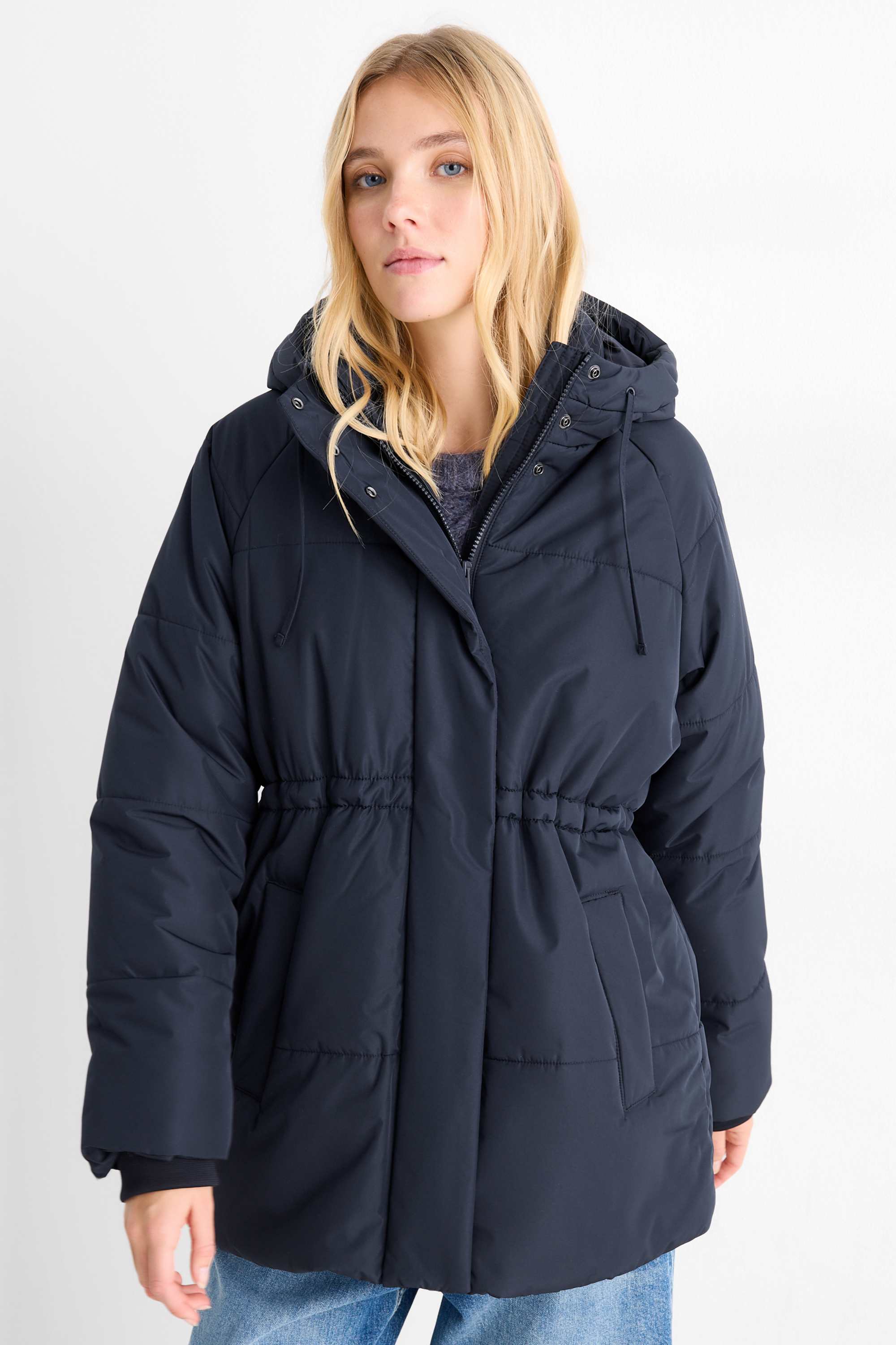 Quilted jacket with hood dark blue