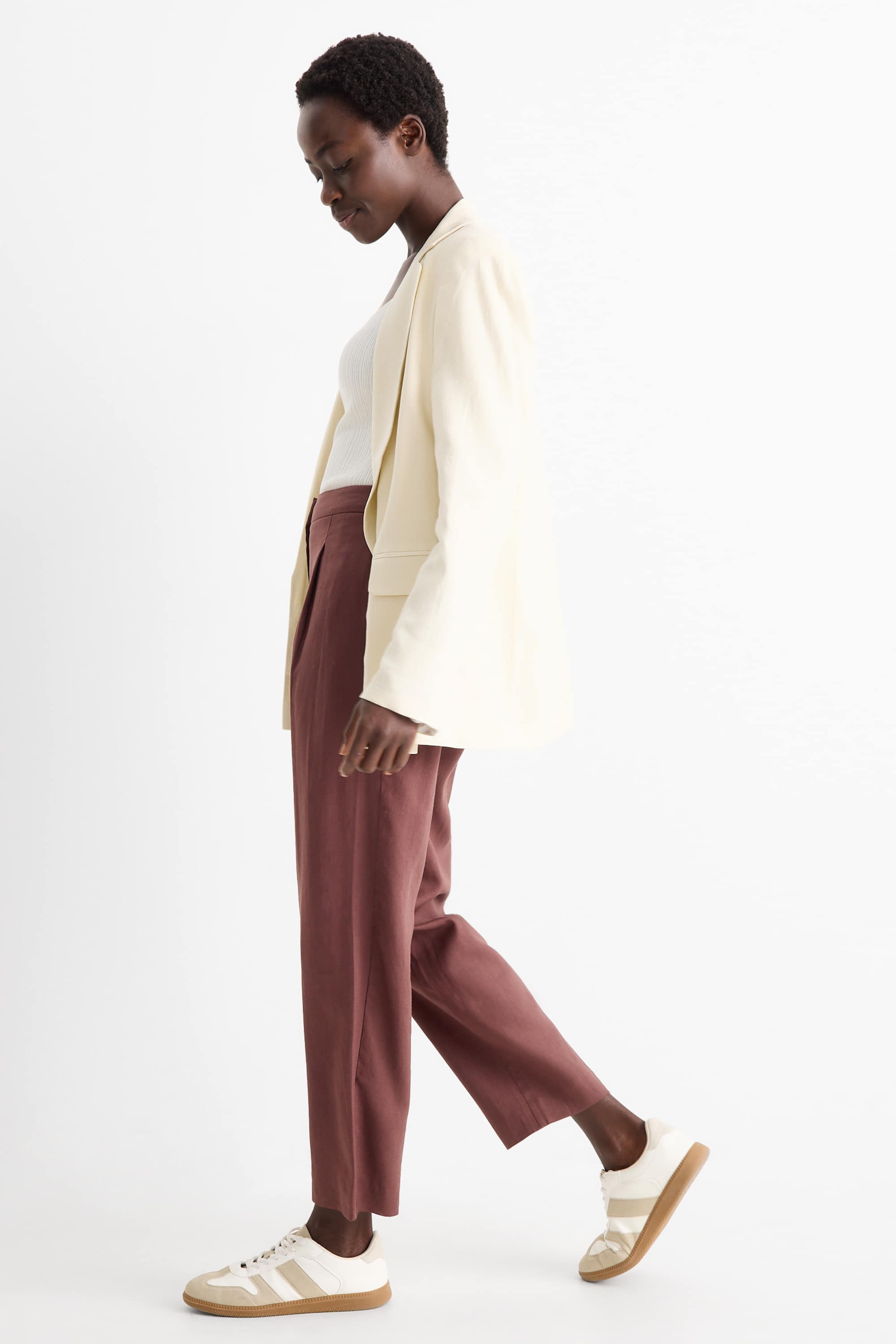 Business trousers - mid-rise waist - regular fit - linen blend brown