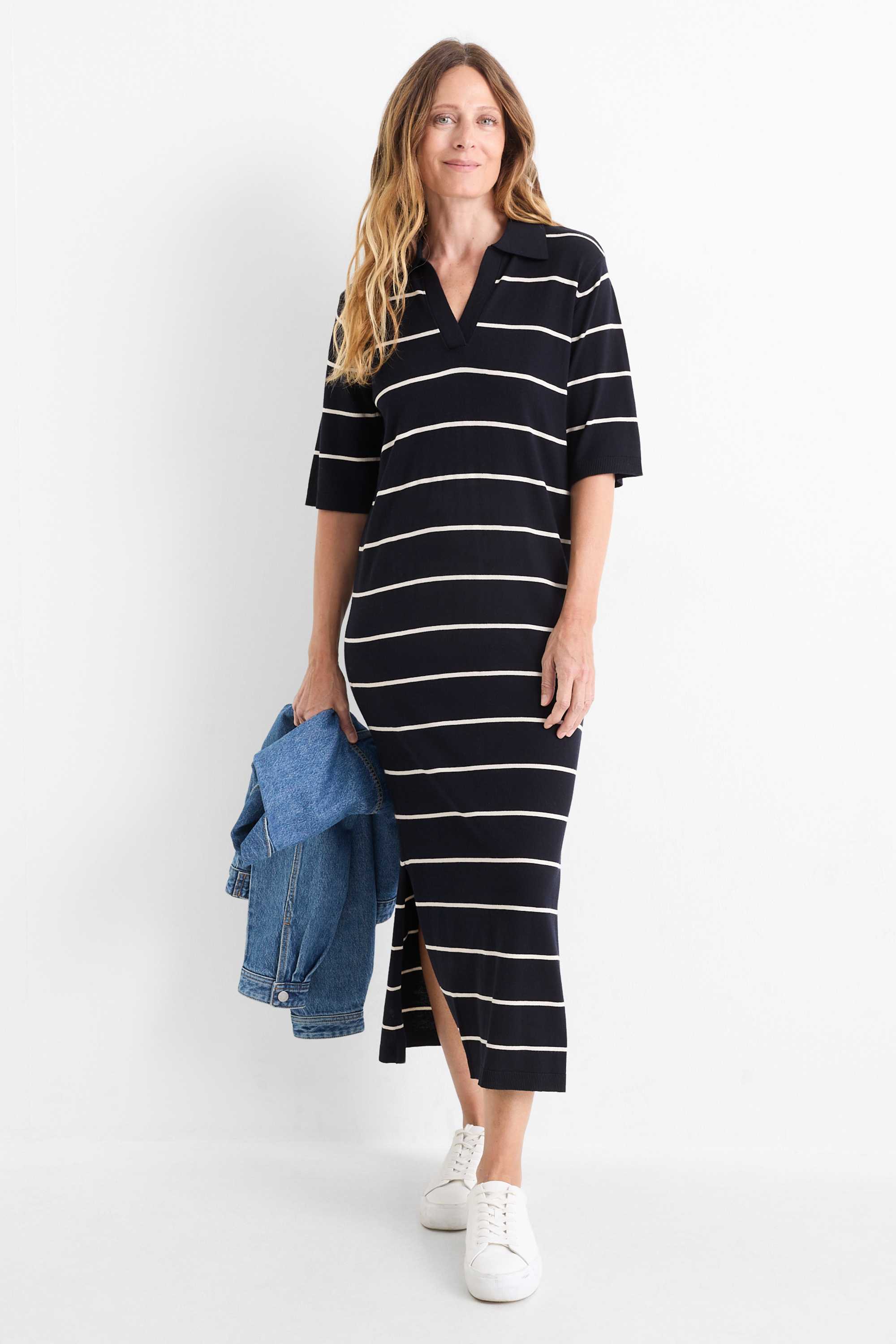 Knitted dress - straight fit - striped dark blue