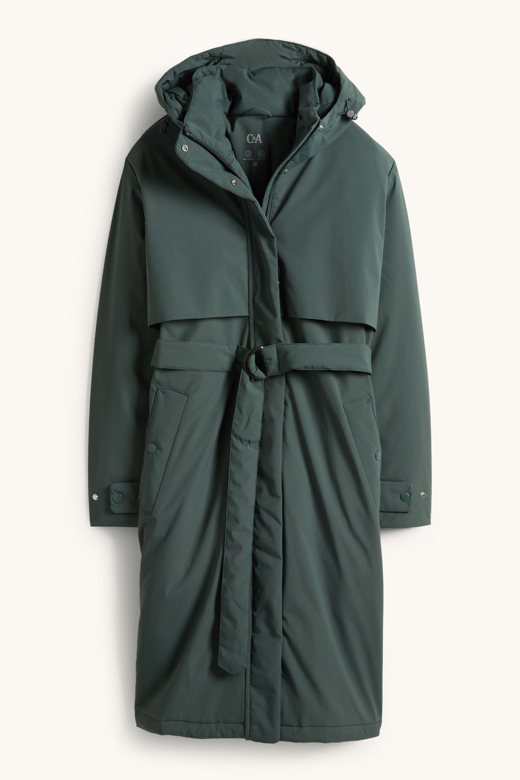 Coat with hood and belt - lined - water-repellent dark green