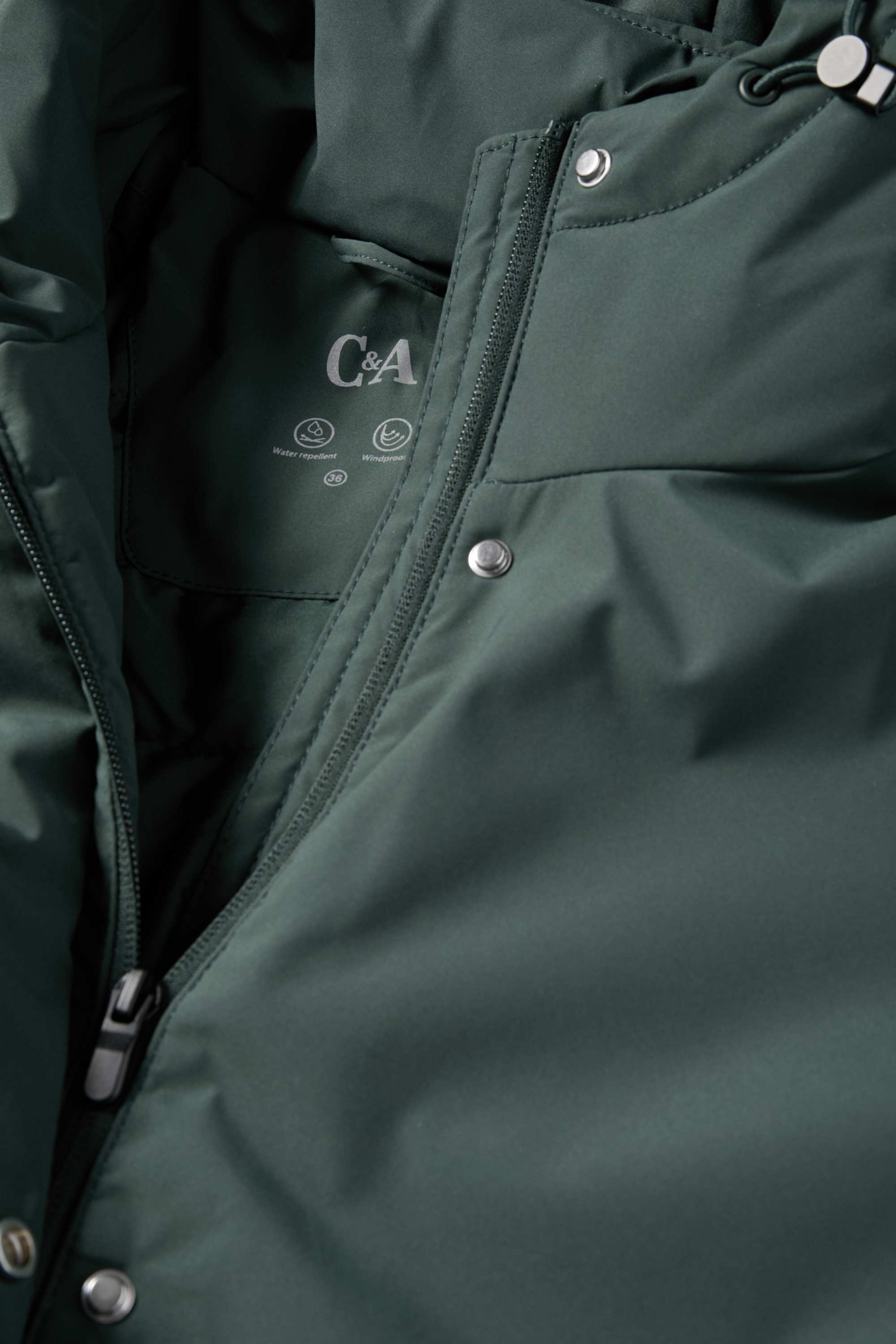 Coat with hood and belt - lined - water-repellent dark green