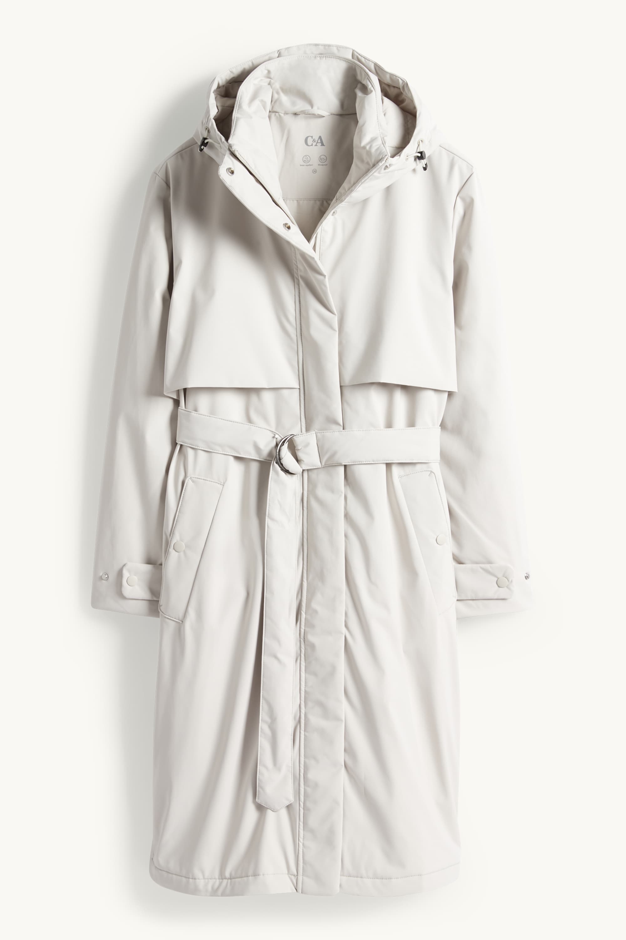Coat with hood and belt - lined - water-repellent light gray