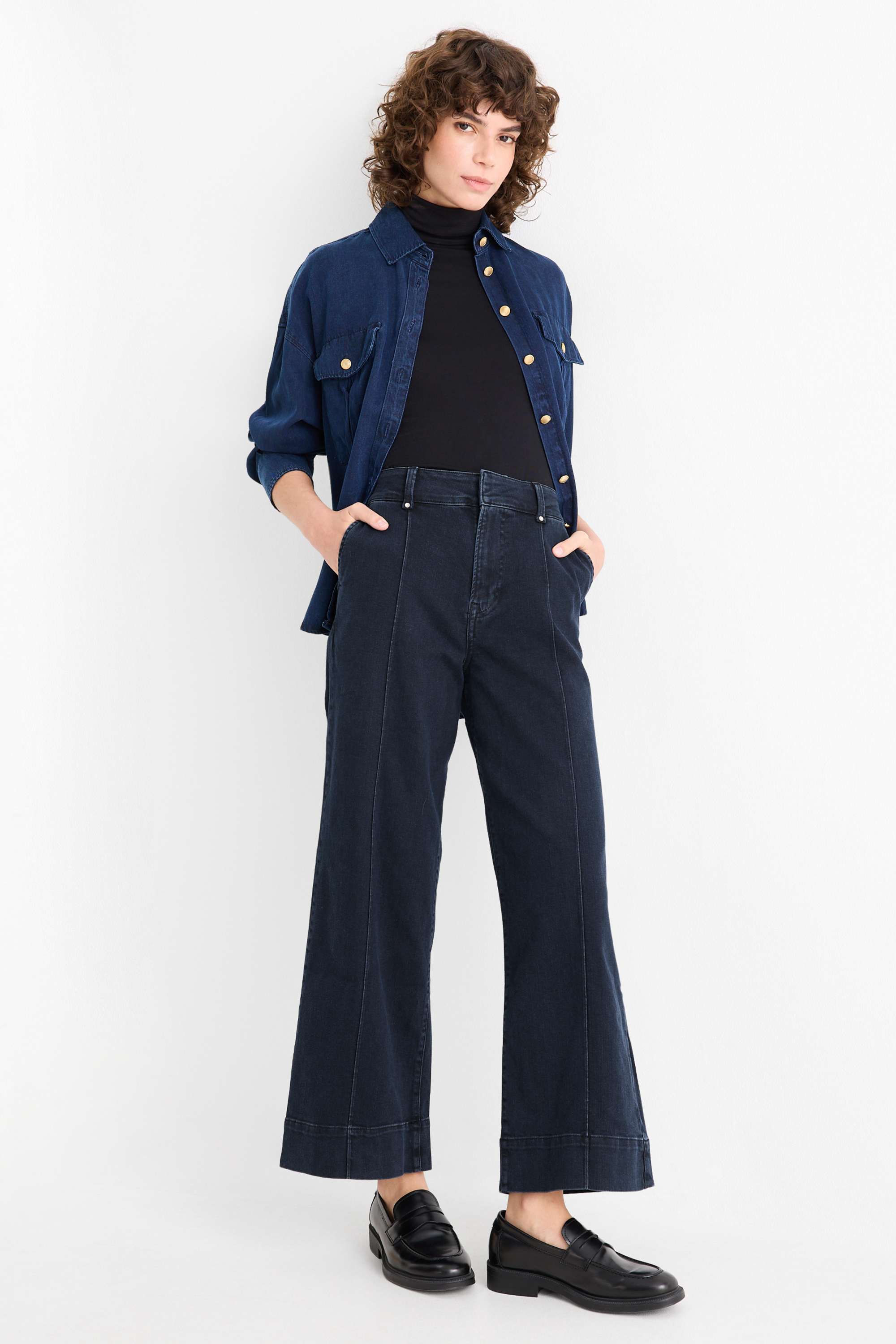 Wide leg jeans - high waist denim-dark blue