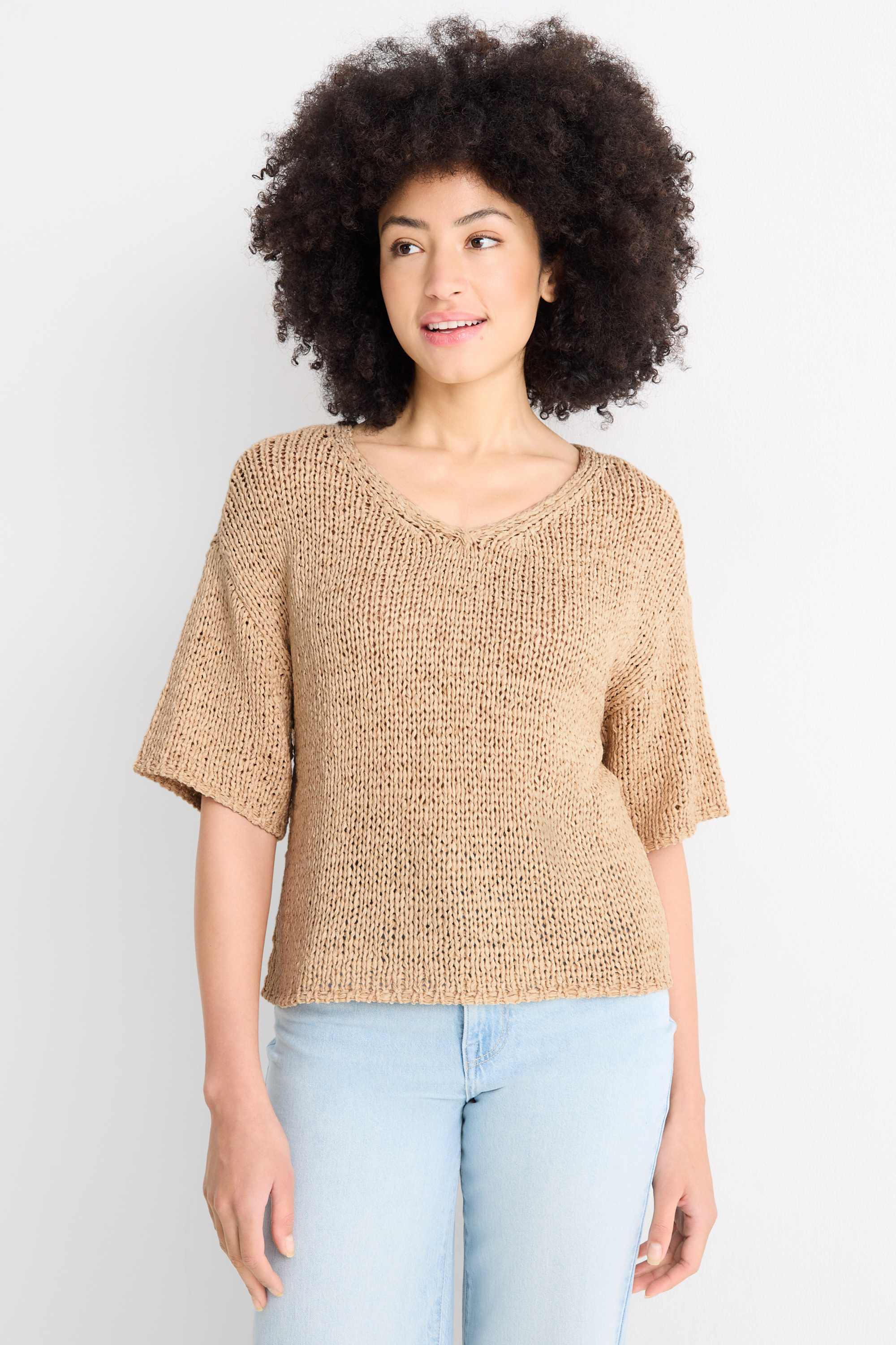 Knitted jumper - short sleeve beige