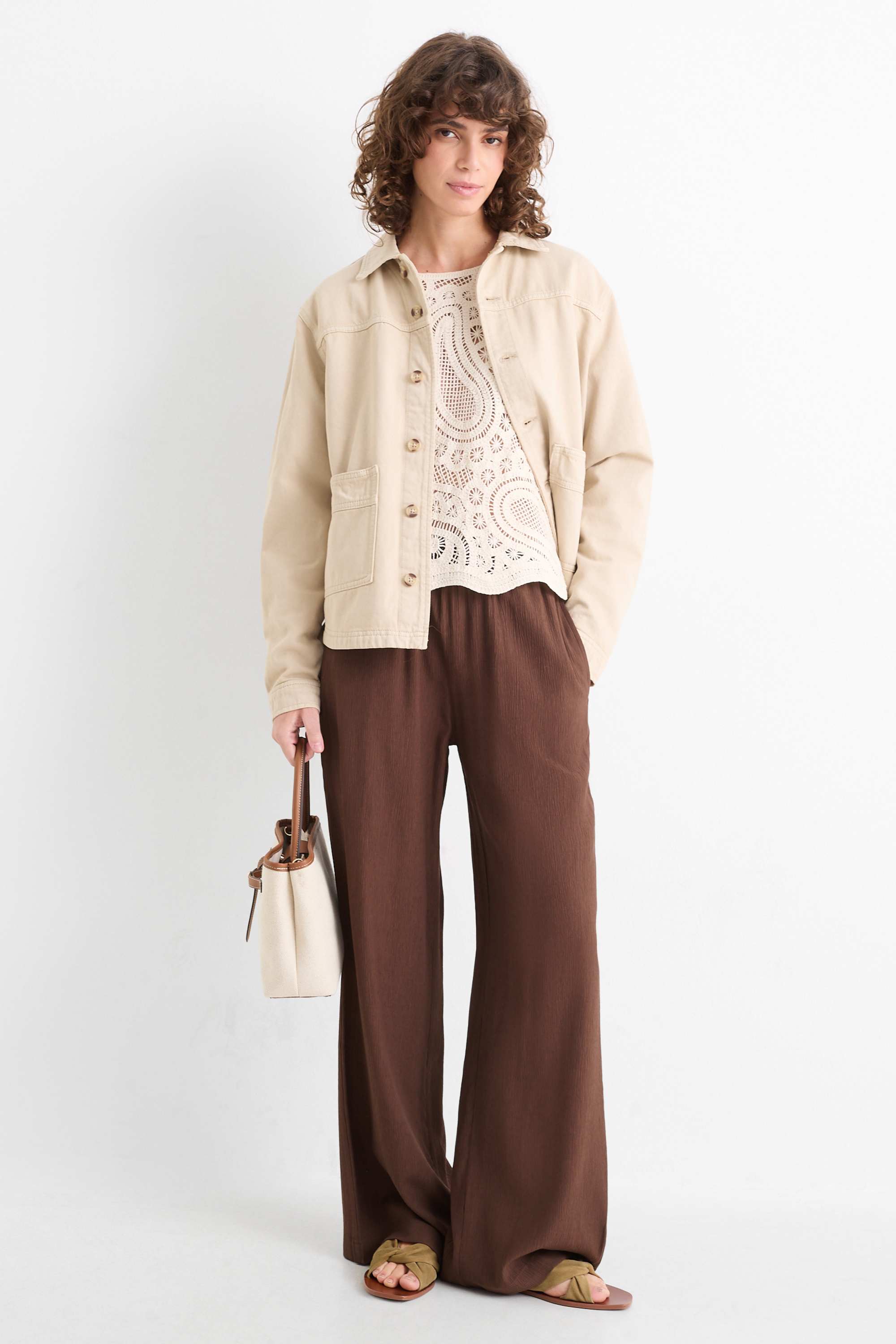Cloth trousers - mid-rise waist - wide leg dark brown