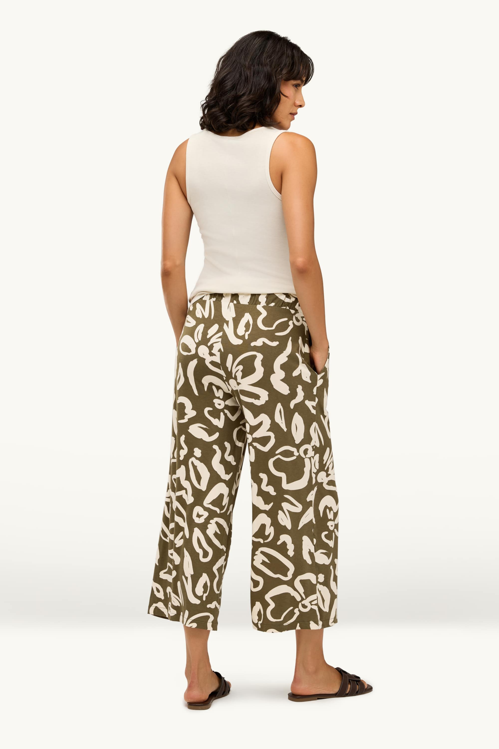 Jersey trousers - mid-rise waist - straight fit - floral khaki