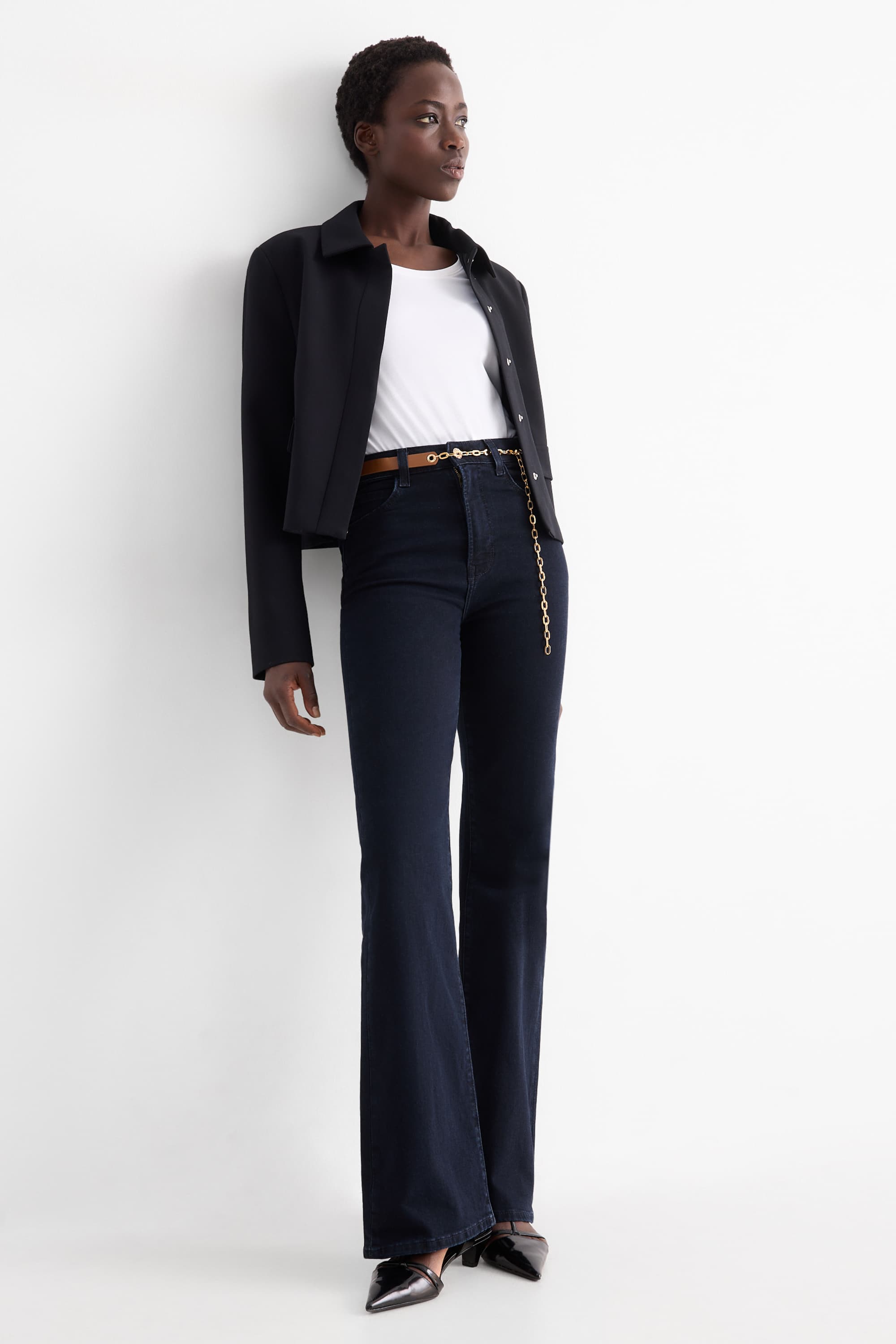 Flared jeans with belt - high waist - LYCRA® denim-dark blue