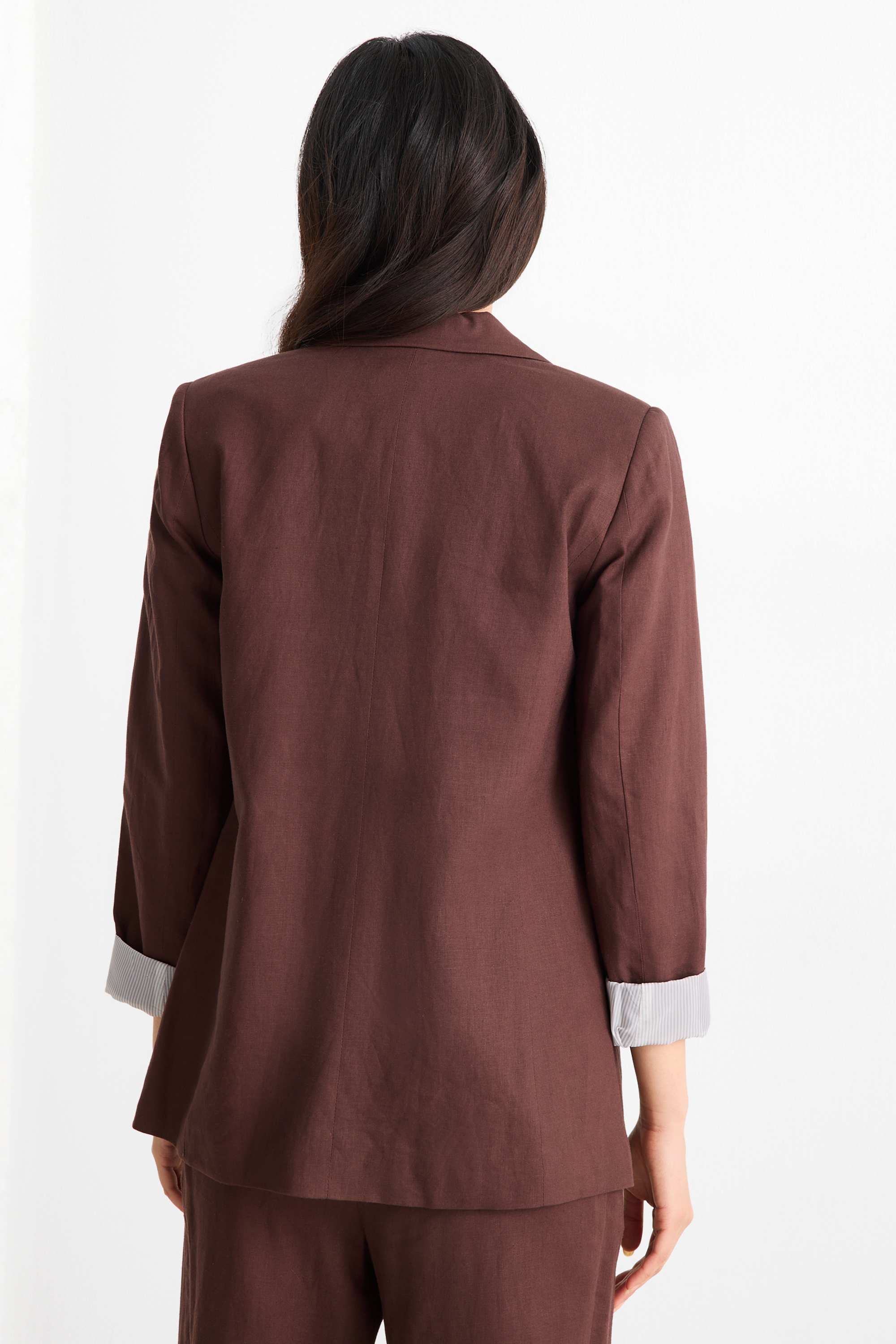 Long blazer - regular fit - linen blend dark brown