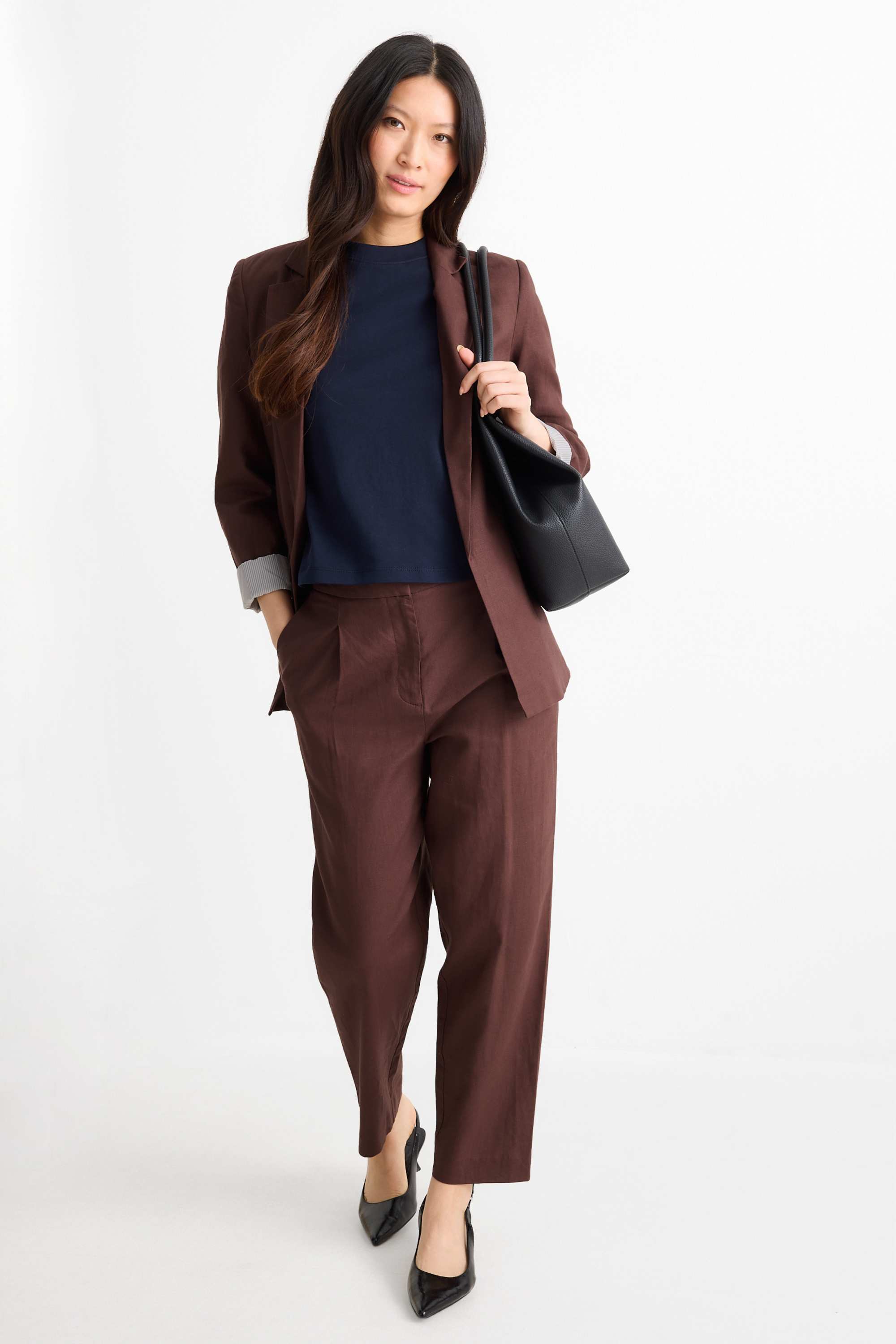 Long blazer - regular fit - linen blend dark brown