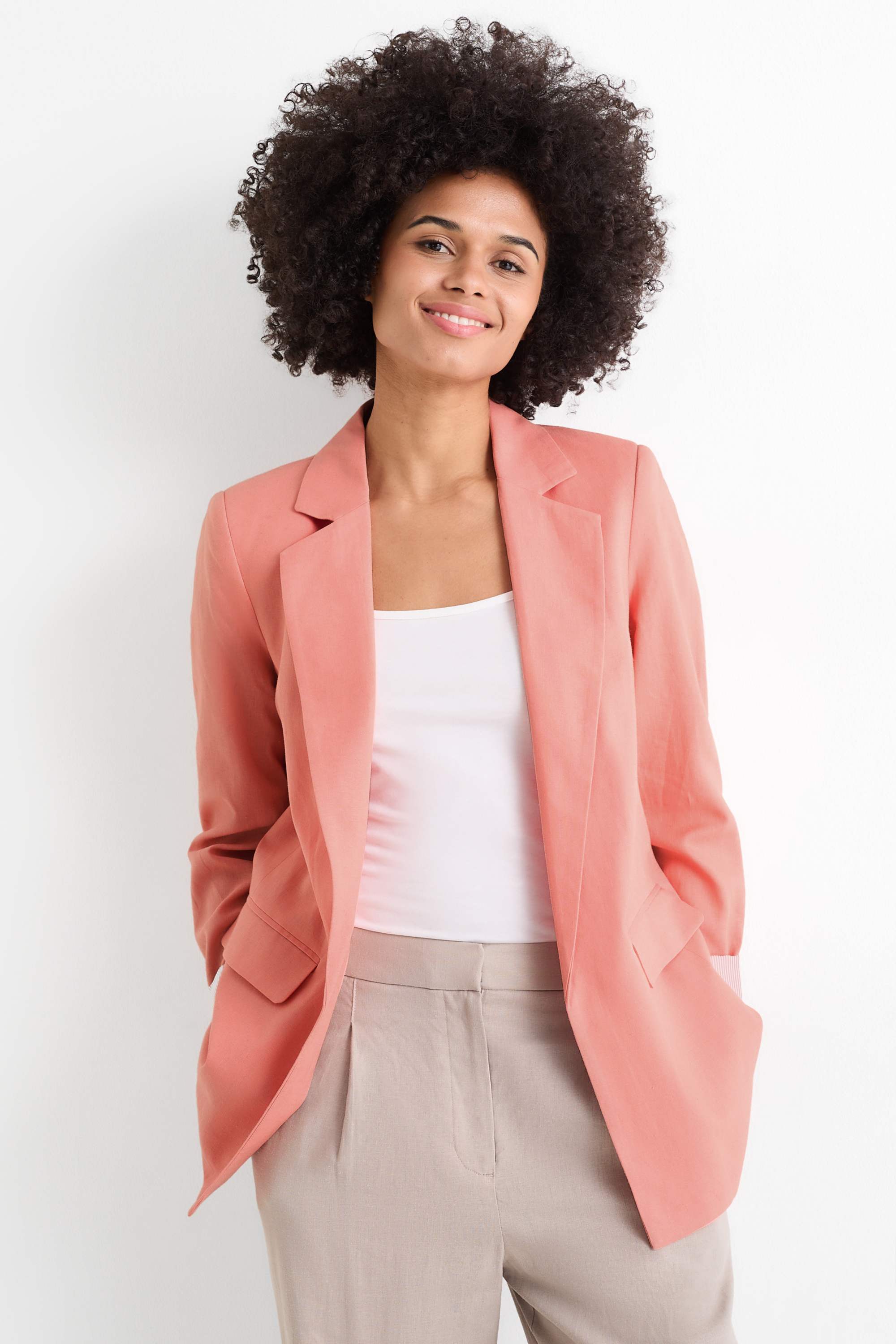 Long blazer - regular fit - linen blend coral