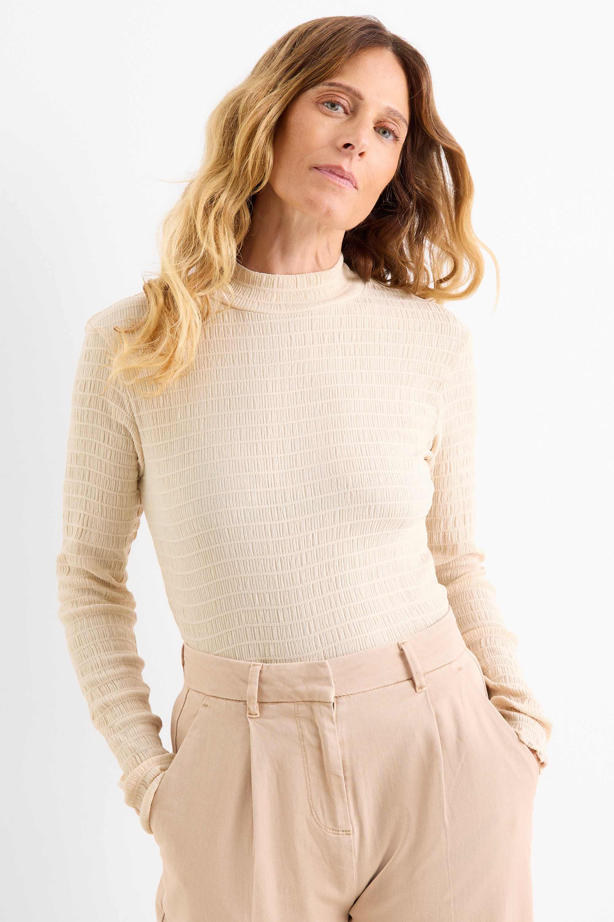 Long sleeve top - regular fit - smocked cremewhite