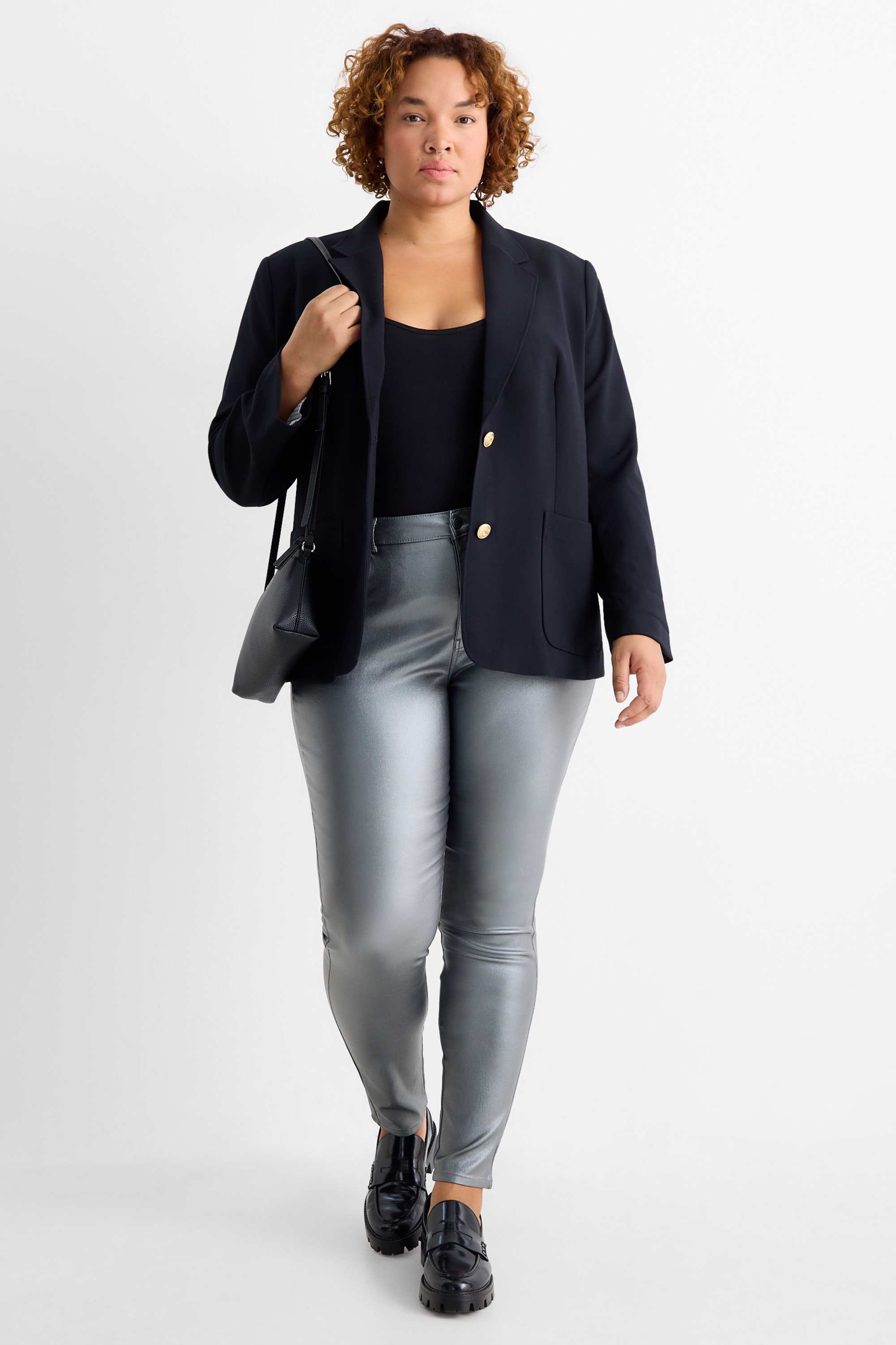 Cloth trousers - high waist - skinny fit - faux leather silver