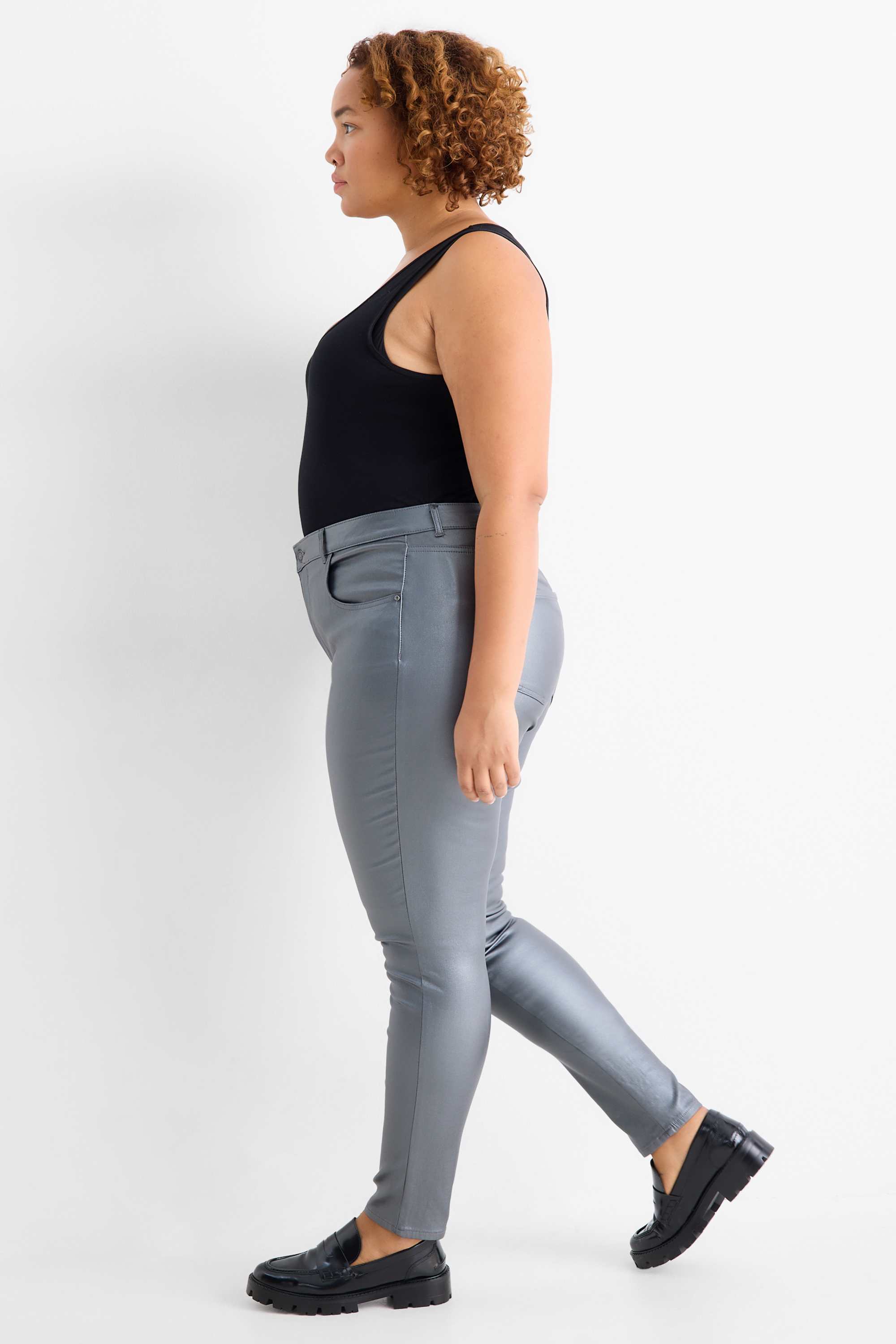 Cloth trousers - high waist - skinny fit - faux leather silver