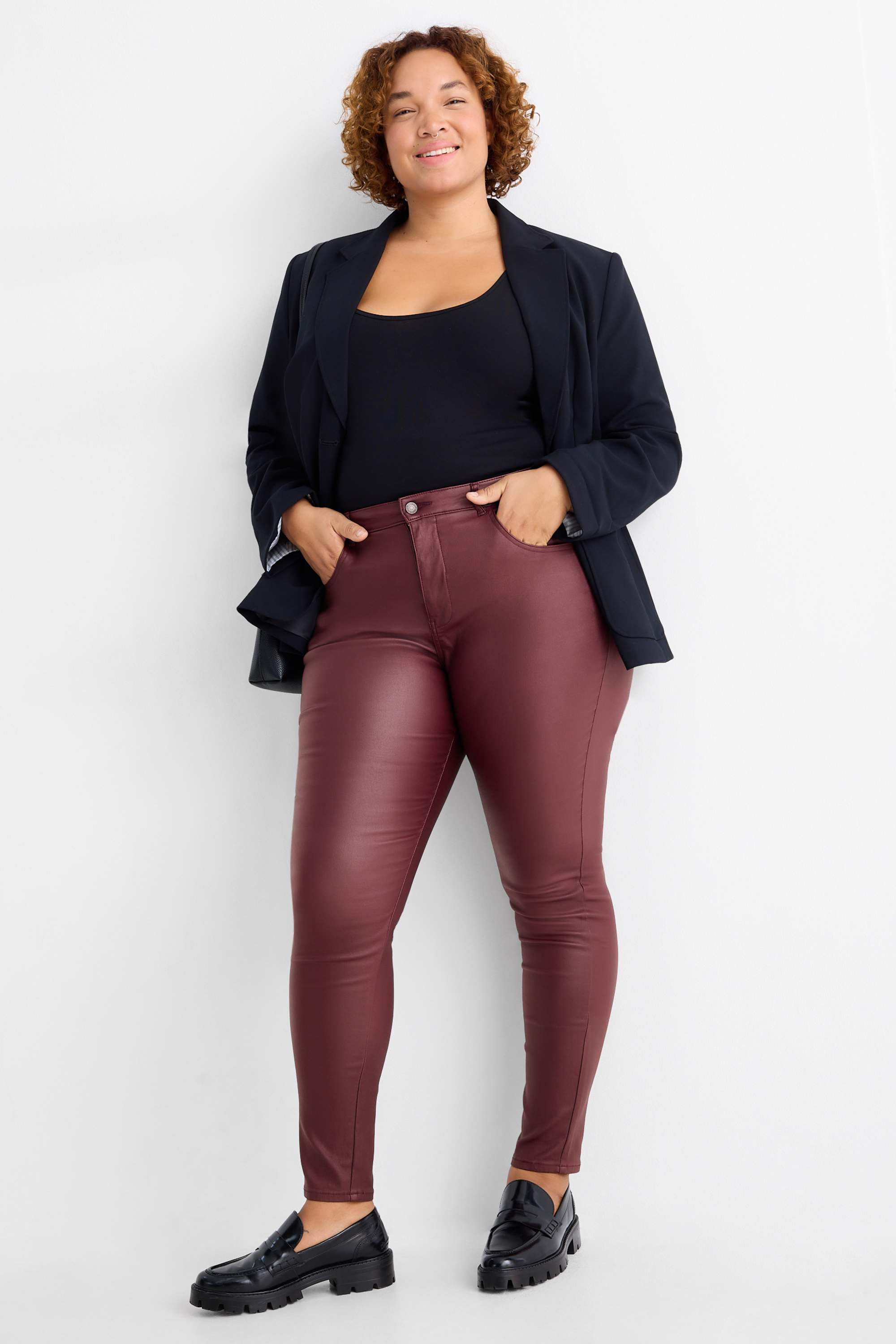 Cloth trousers - high waist - skinny fit - faux leather bordeaux
