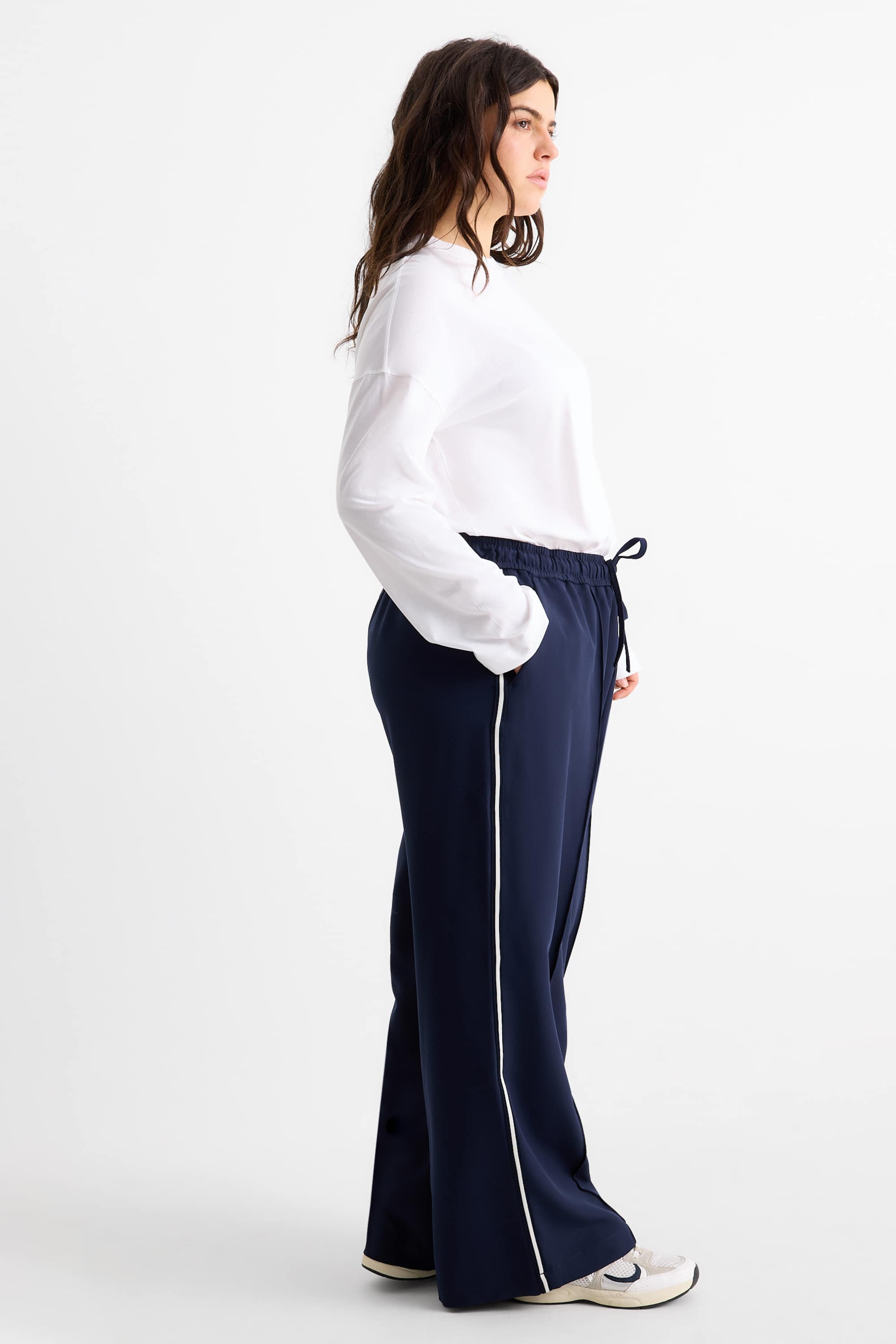 Jersey trousers - mid-rise waist - wide leg dark blue