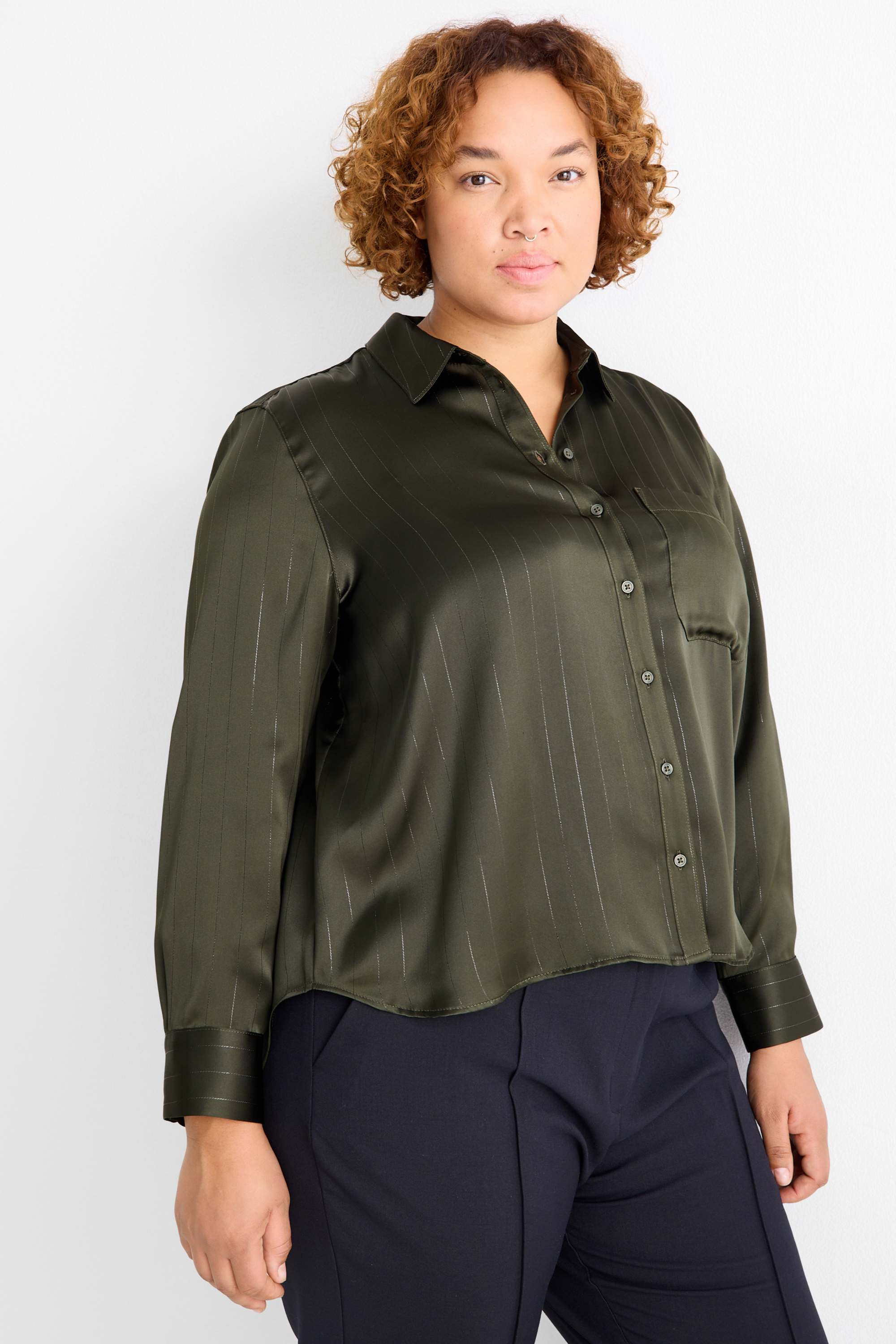 Satin blouse - pinstripes dark green