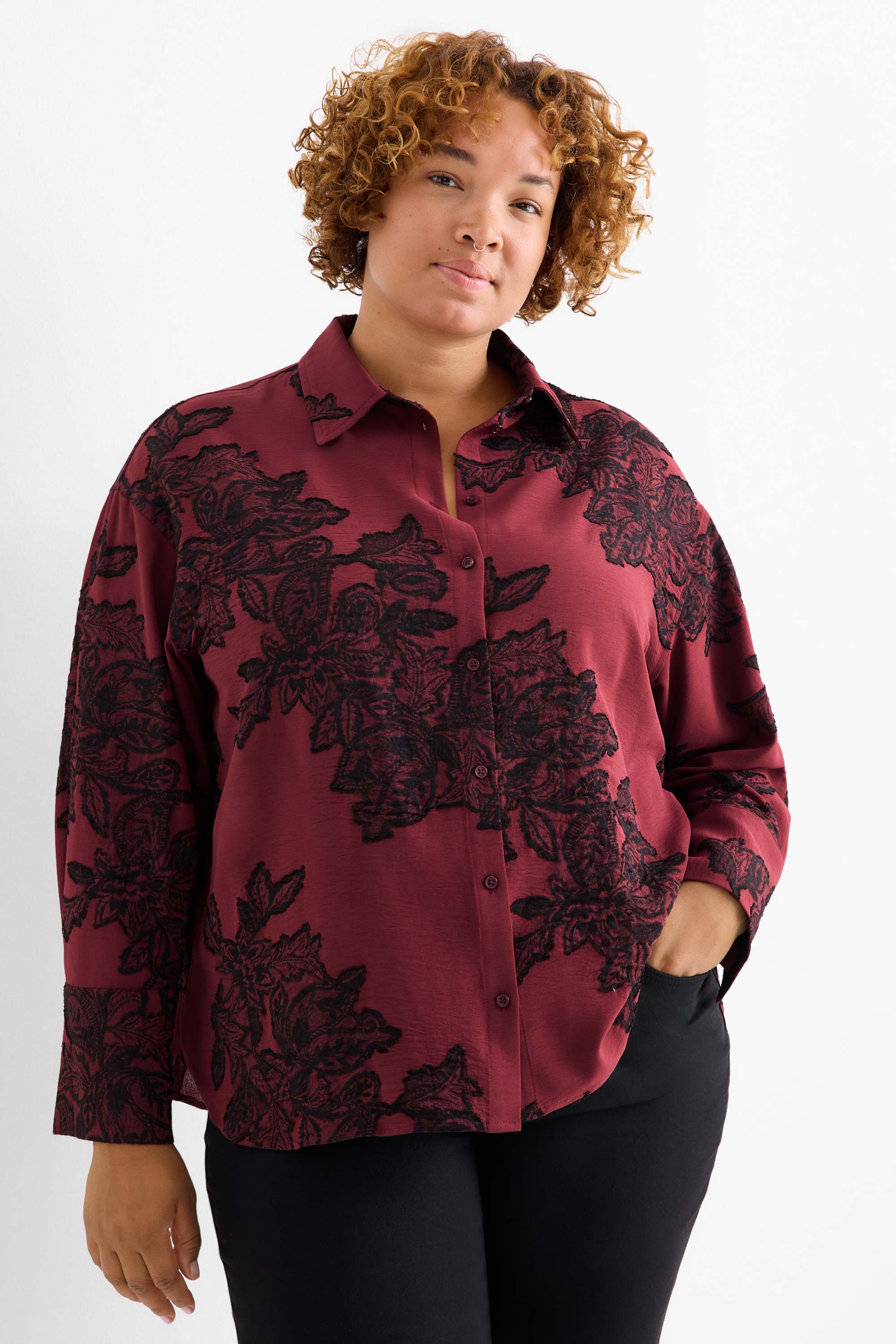 Blouse - floral - textured bordeaux