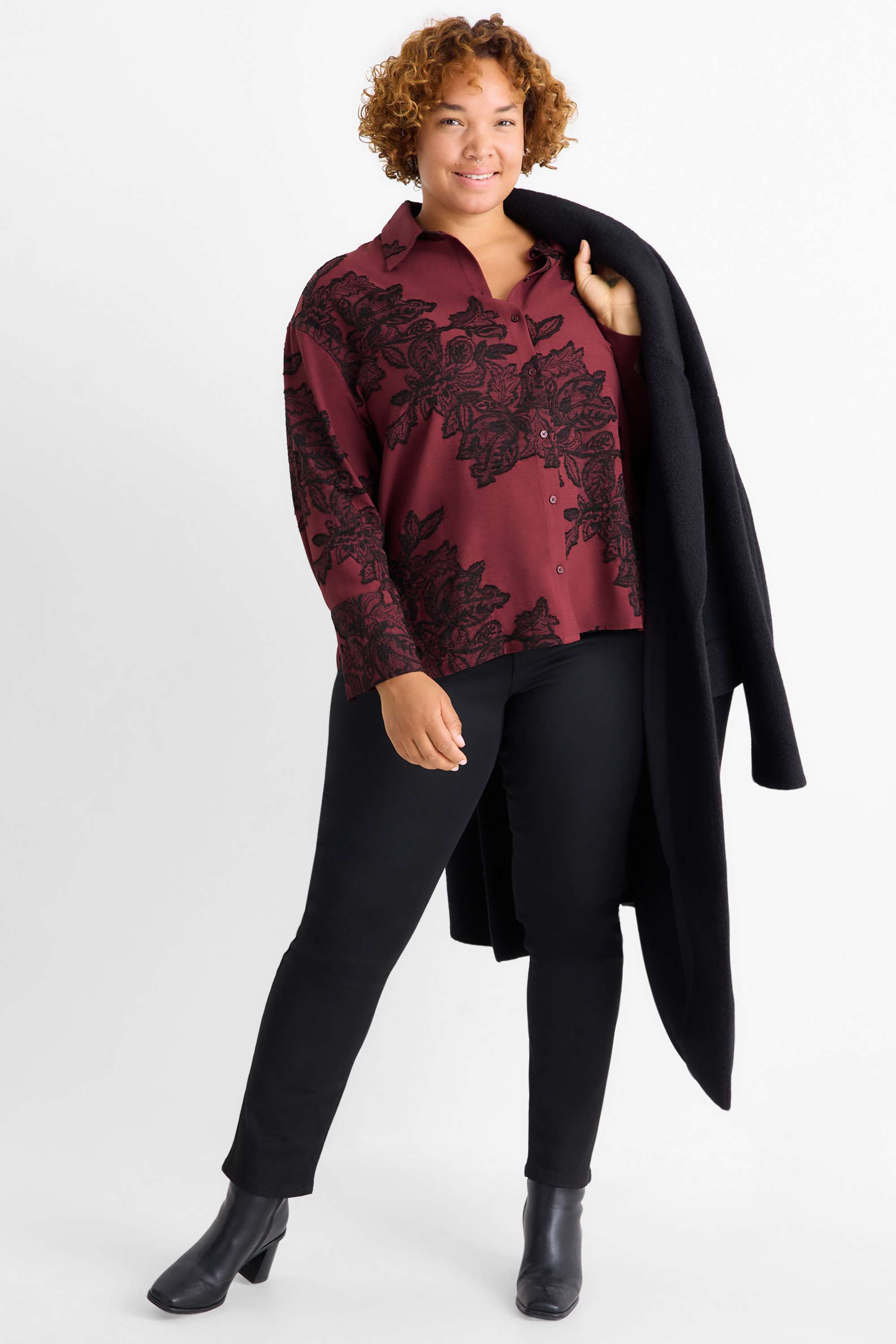 Blouse - floral - textured bordeaux