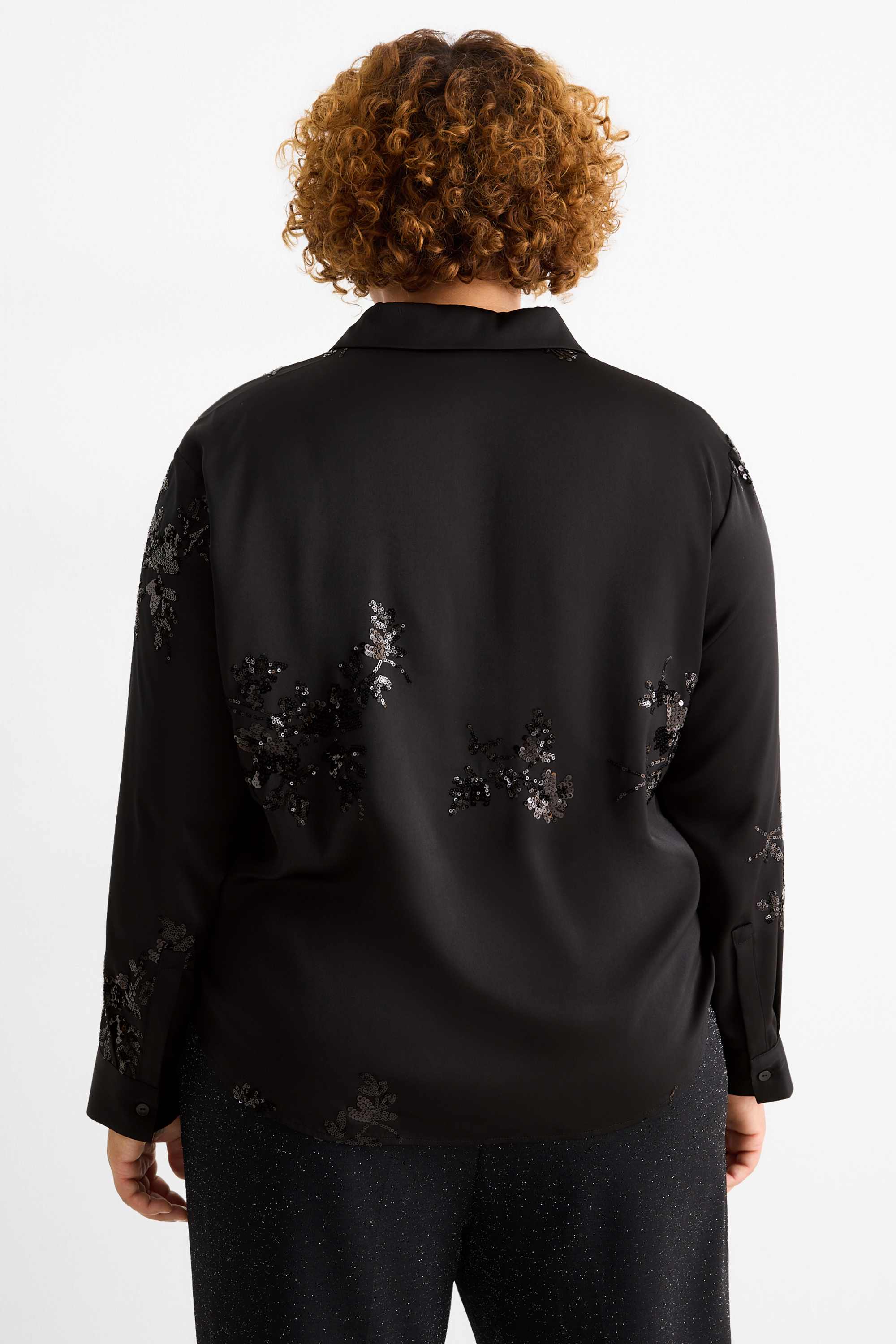 Satin blouse - floral - shiny black