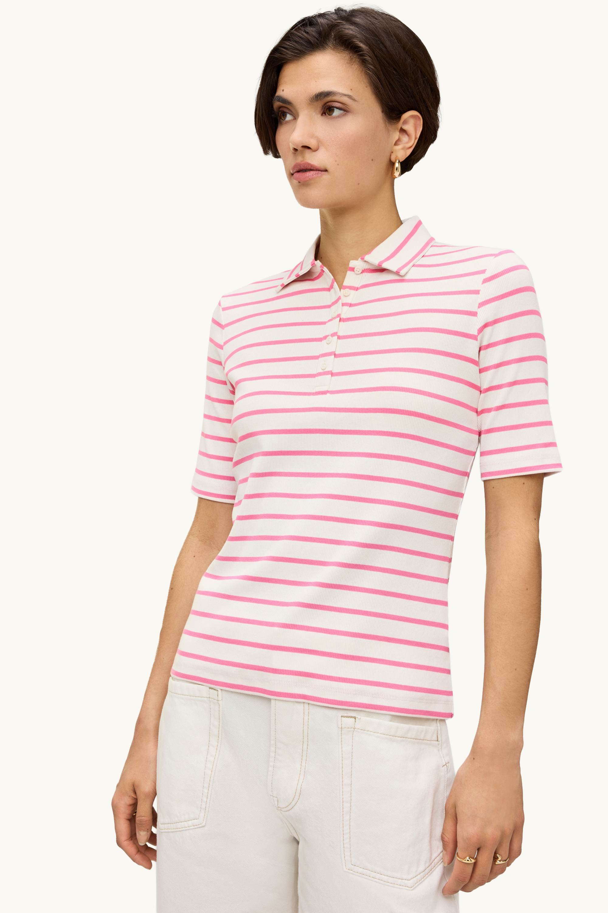 Polo shirt - regular fit - ribbed - striped white / pink